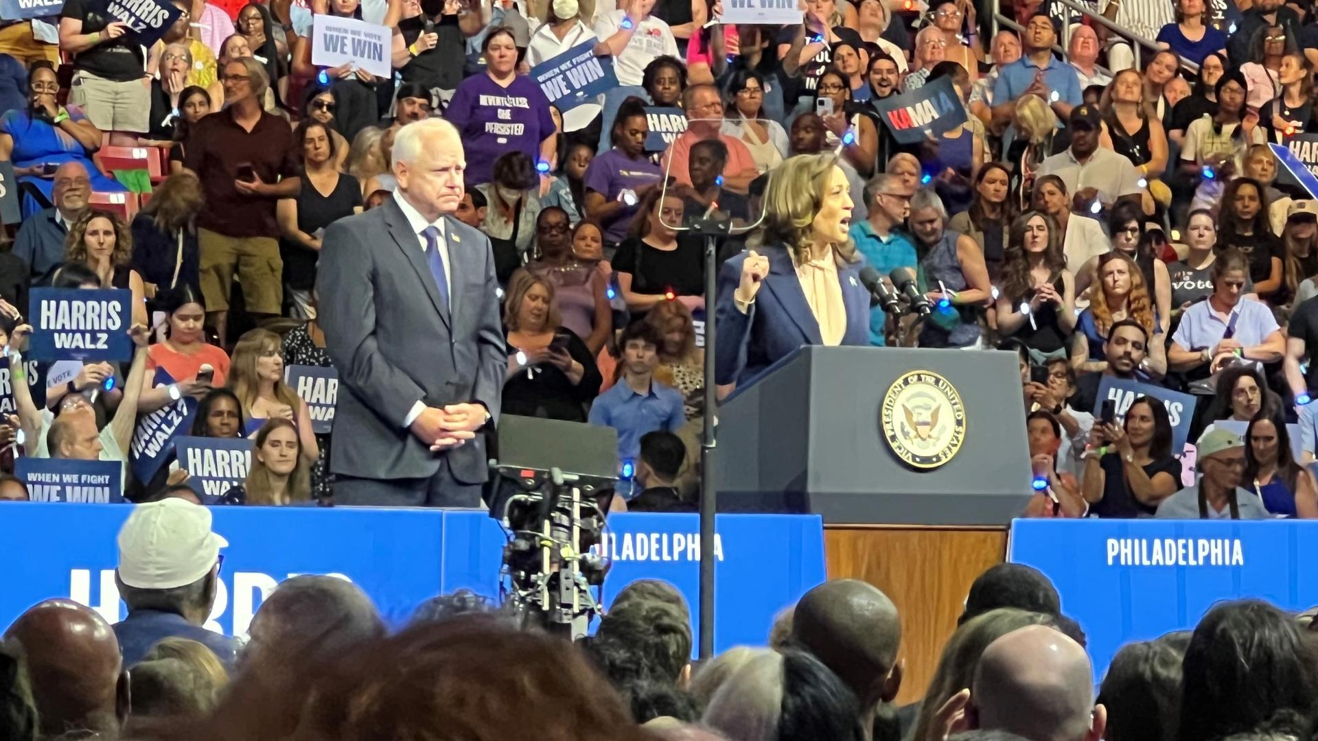 Vice President Kamala Harris appeared on stage in Philadelphia to introduce her new running mate.