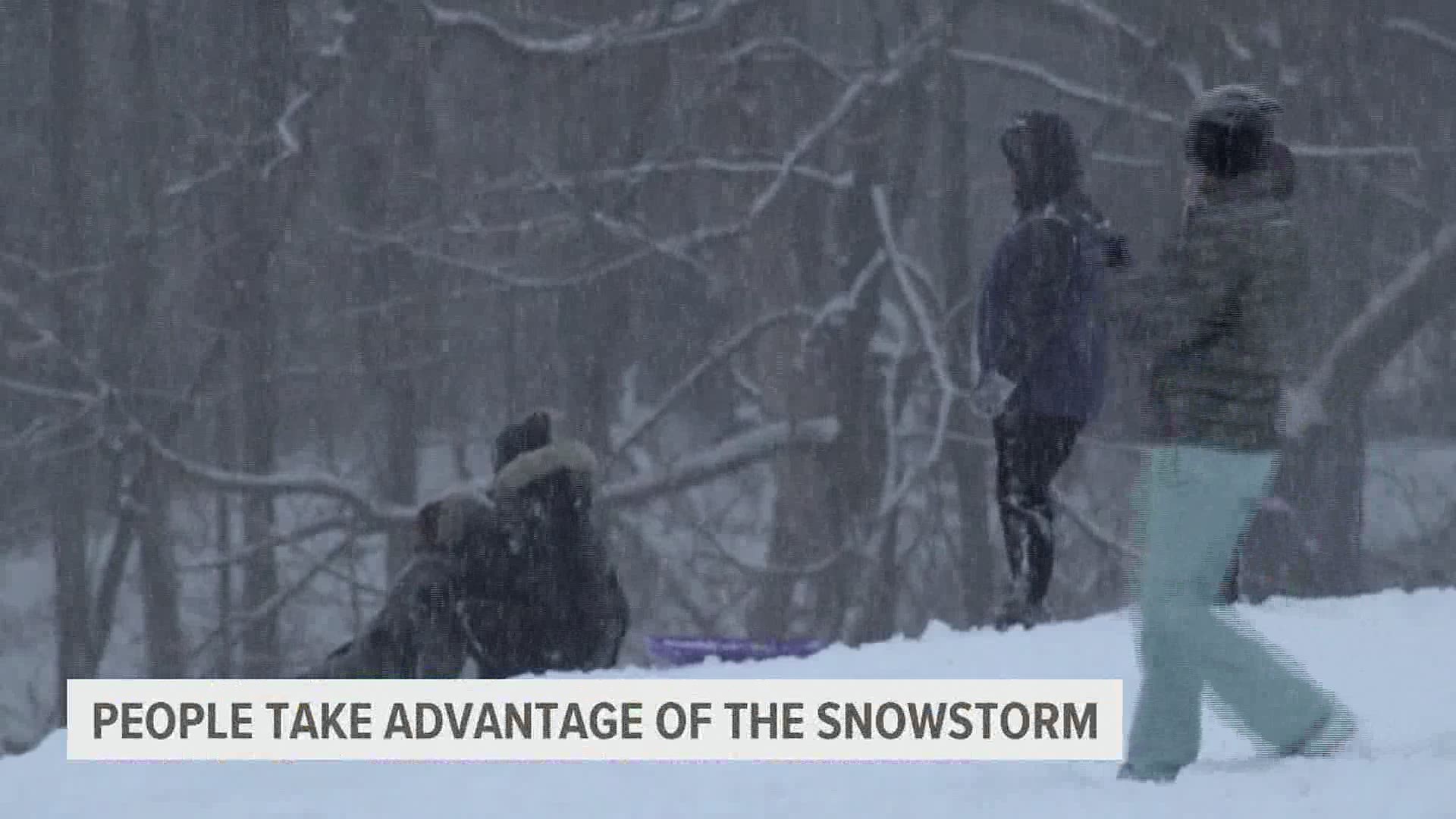 People took advantage of the storm and headed out to Resevoir Park for some sledding.