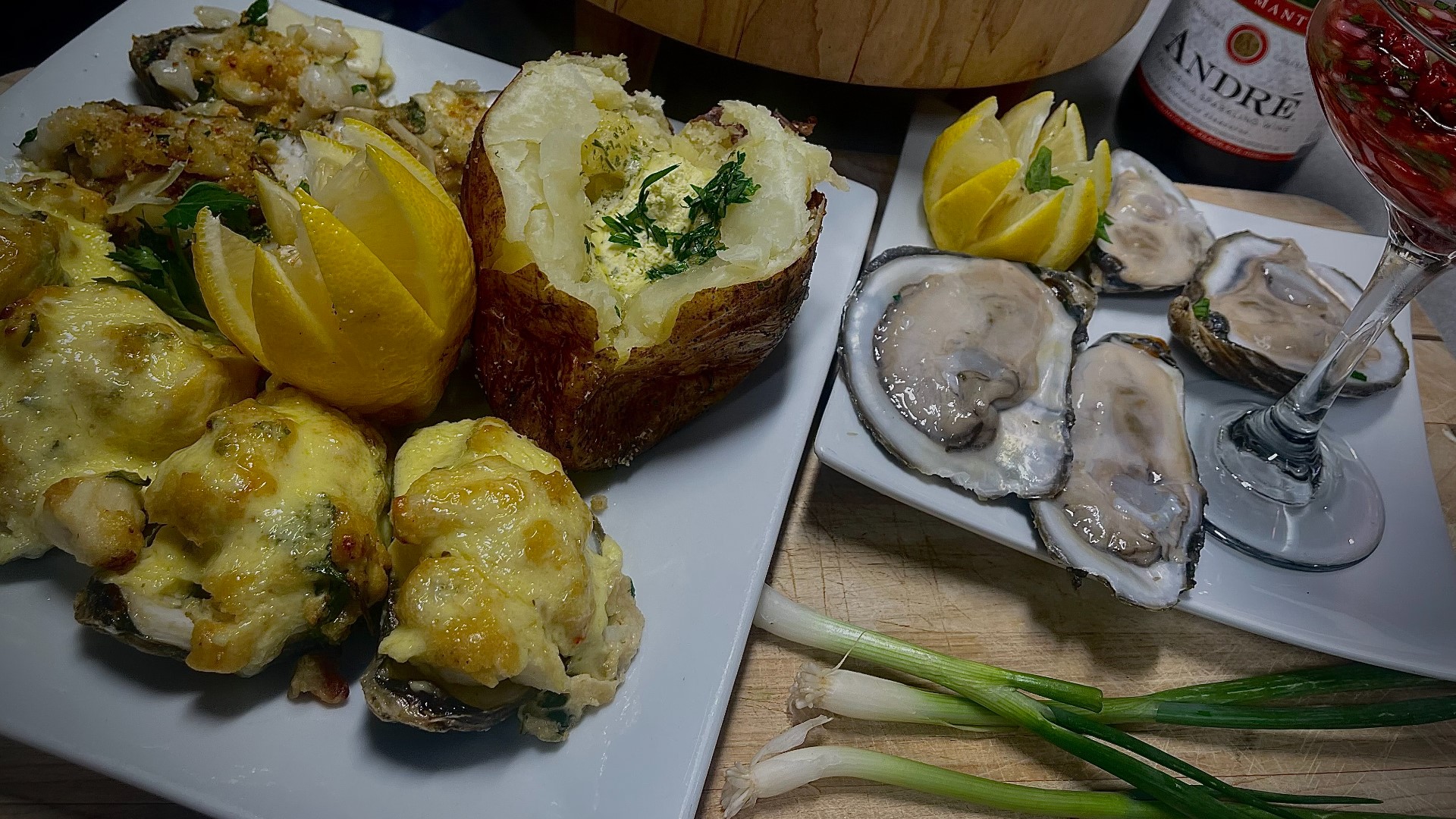 Olivia's makes oysters three ways: baked Mediterranean style, stuffed with colossal crab imperial and raw with a Champagne & Herb Mignonette.