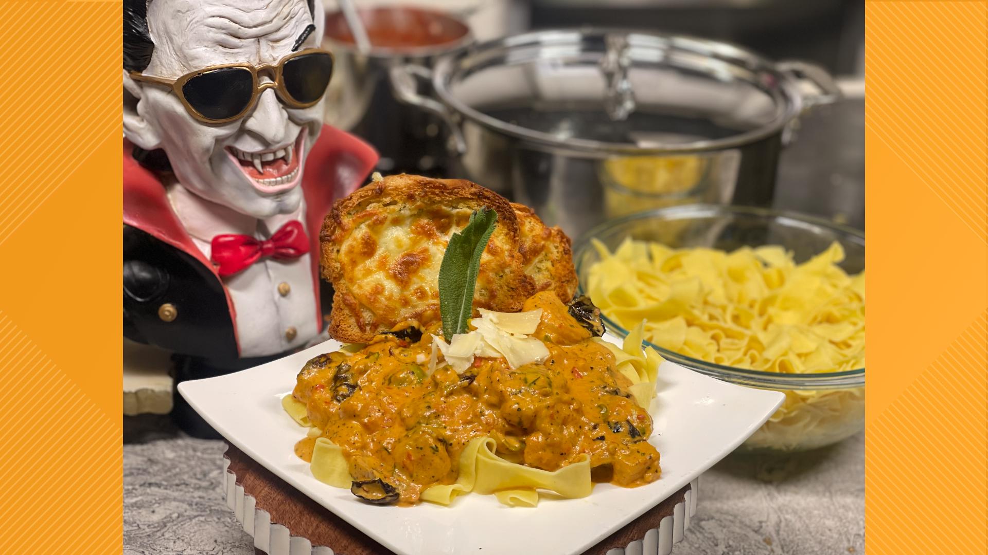 Hearty Shrimp and Roasted Pumpkin Pappardelle is perfect for a chilly fall evening watching leaves drift to the ground. A Vampire Mule brings the Halloween spirit.