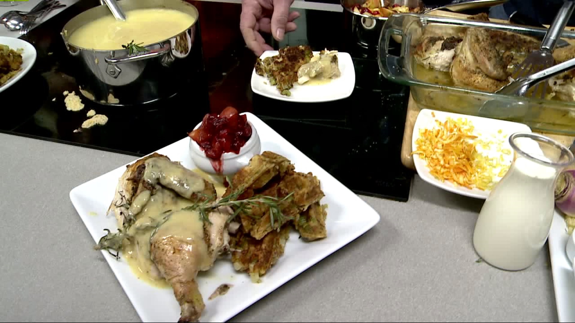 Toasted pecan & stuffing waffles with rosemary roasted chicken