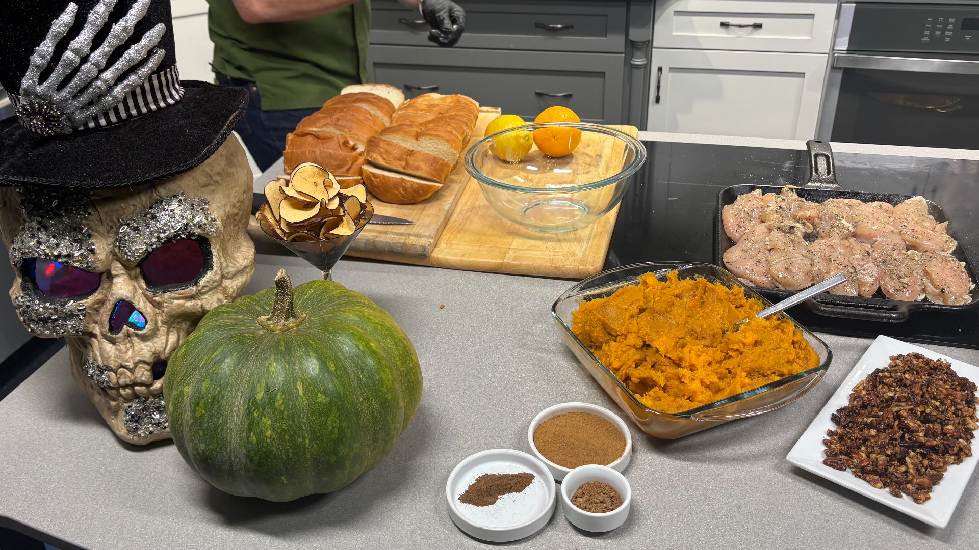 Olivia's delicious Chicken Dinner Melt sandwich, served with a cranberry Dijon spread and a savory pumpkin casserole, embraces fall flavors.