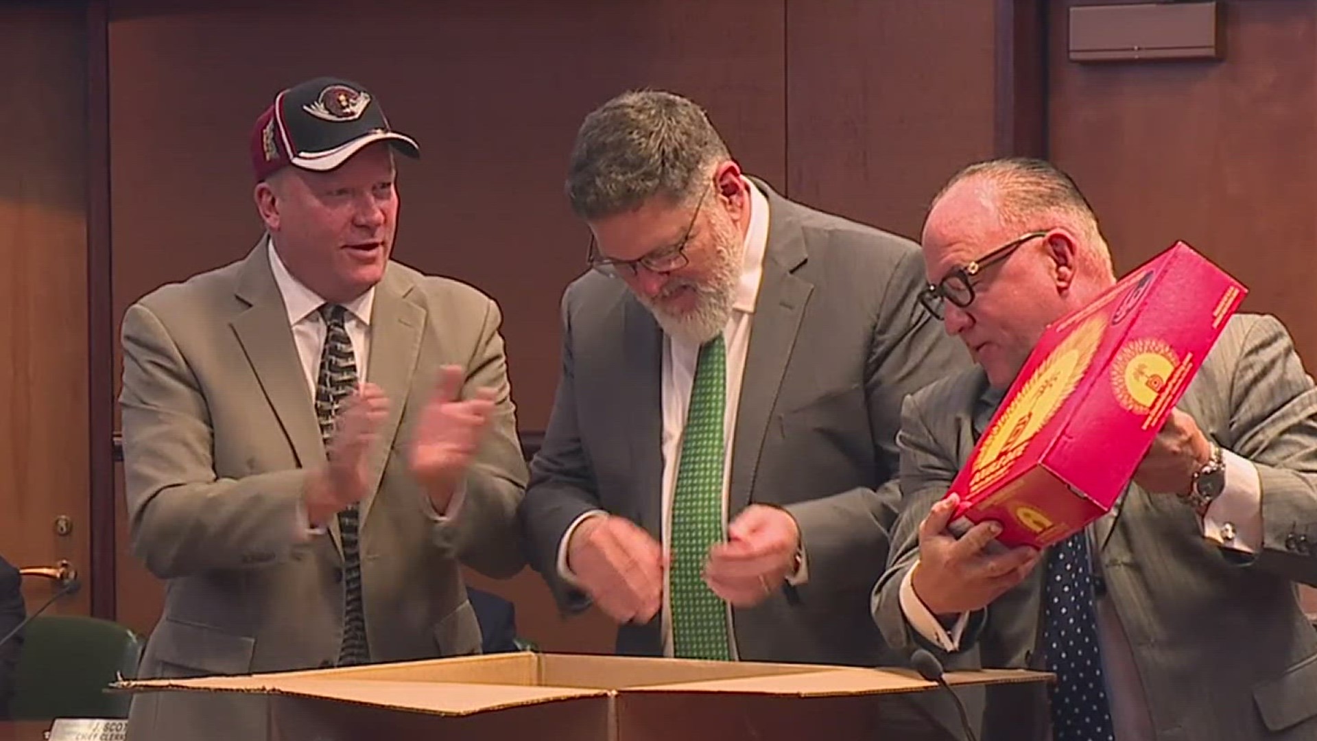 The commissioners unboxed 22 pounds of California dates and grapes at today's meeting in Harrisburg thanks to a friendly bet culminating in a Bears win.