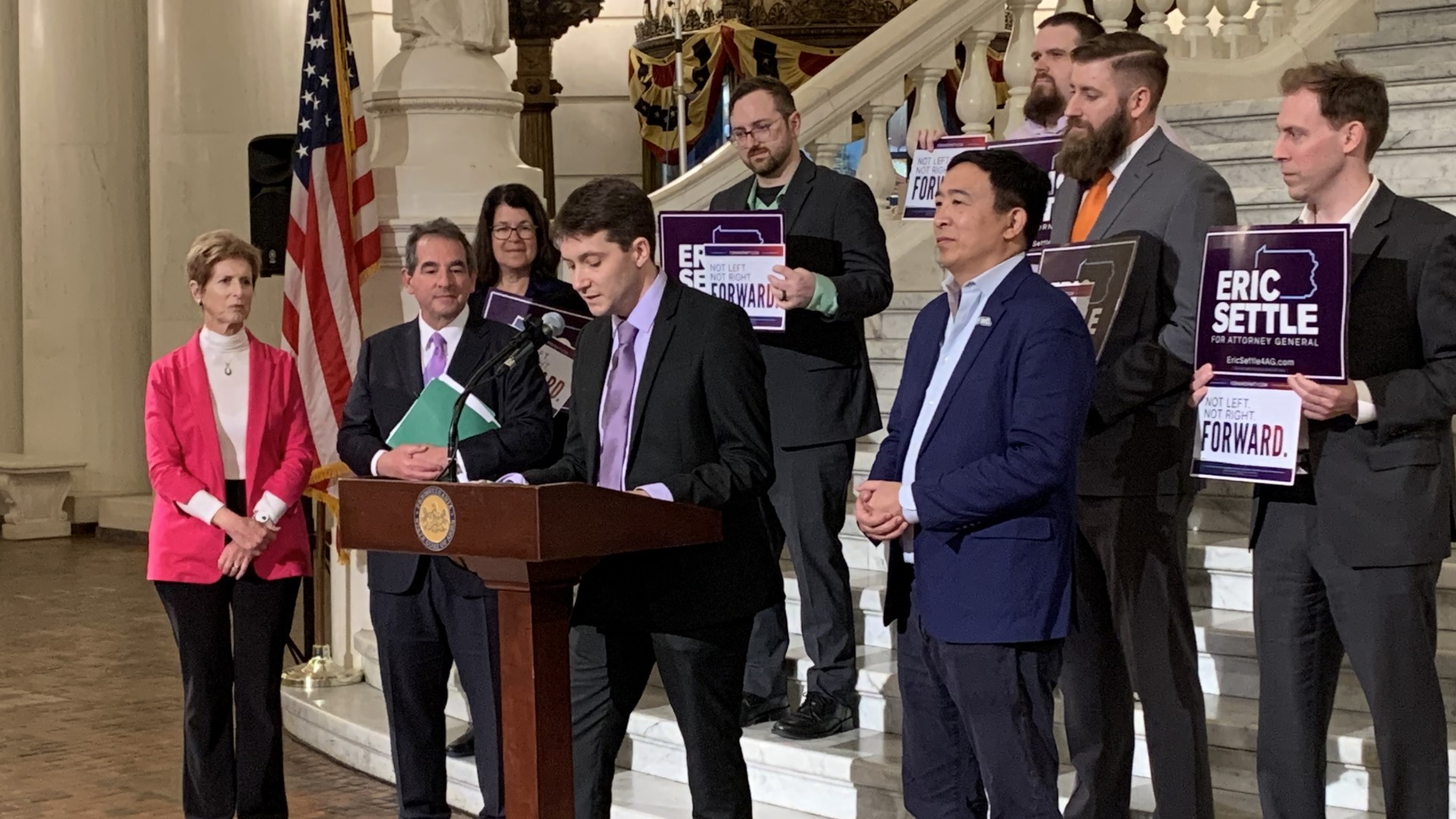 Former 2020 presidential candidate Andrew Yang came to Harrisburg to help launch third-party campaigns for two men running for Attorney General and State Treasurer.
