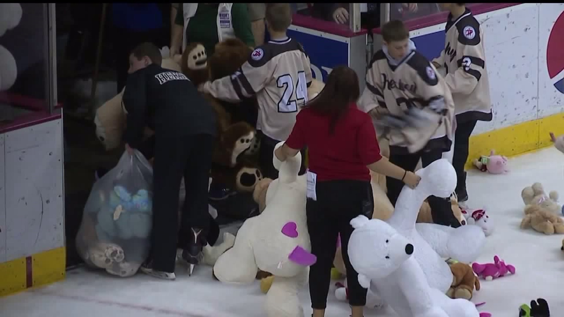 Teddy Bear Toss covers the ice at GIANT Center