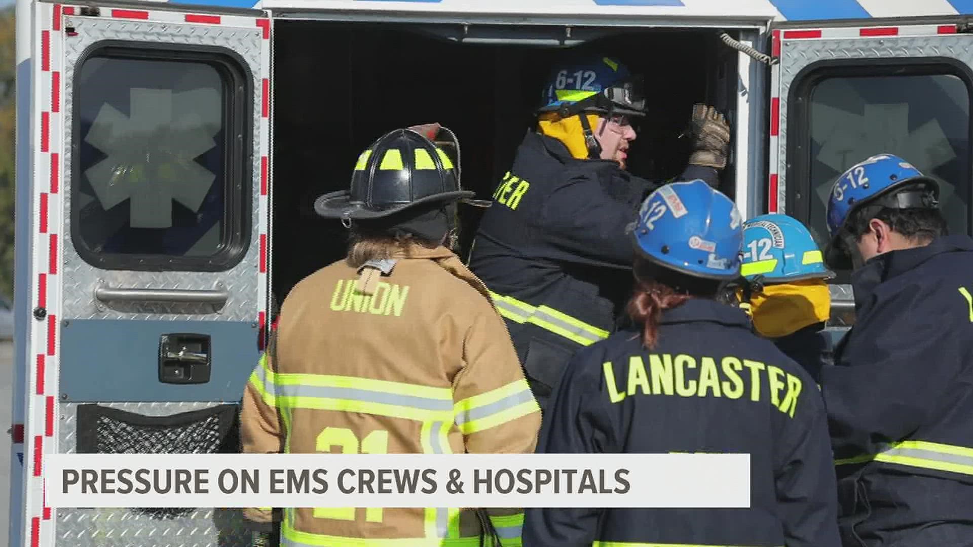 Several EMS crews and hospitals report they have seen an influx of calls and patients as they scramble to find more beds and staffing