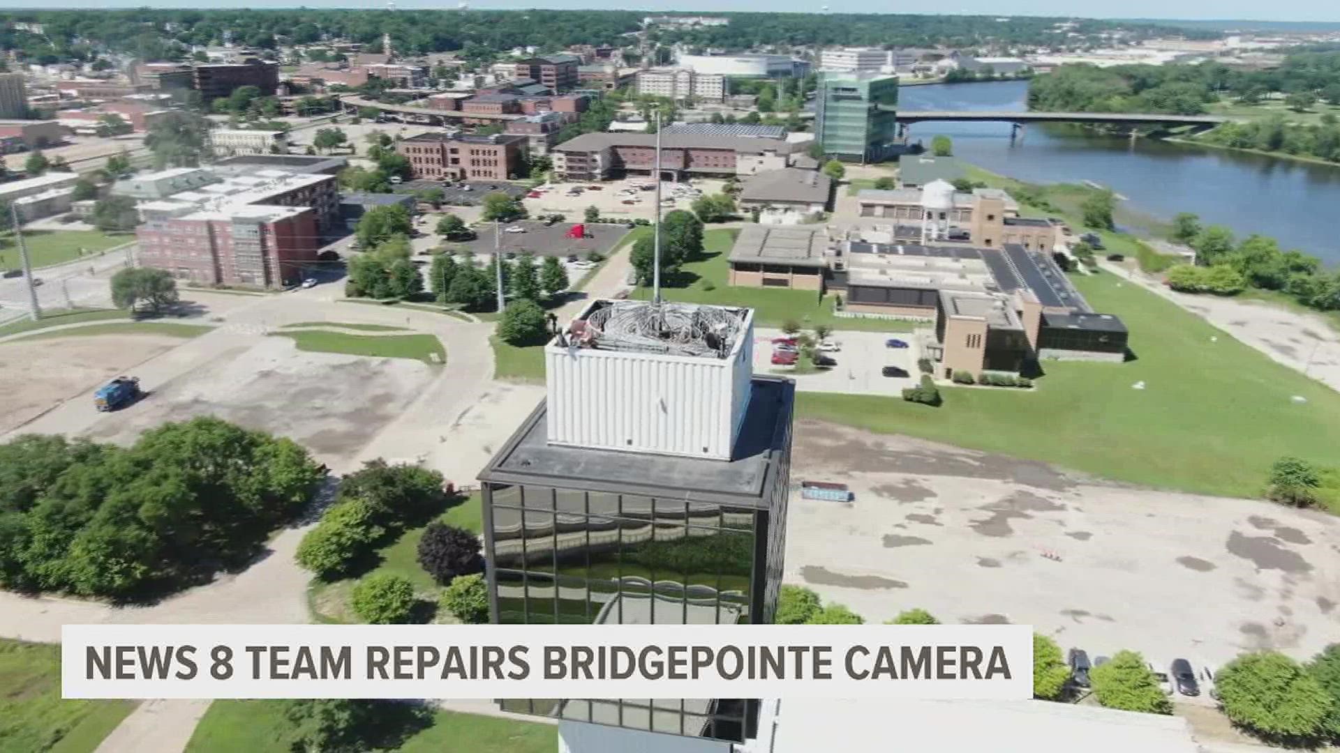 Crew members climbed roughly 14 stories into the air to make repairs to our WQAD traffic and weather cam. Our drone captured their work, high in the sky.