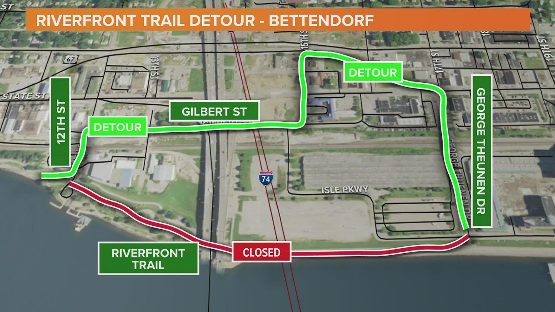 Bettendorf's Riverfront Trail will be closed for the next four weeks as crews remove the old I-74 Bridge.