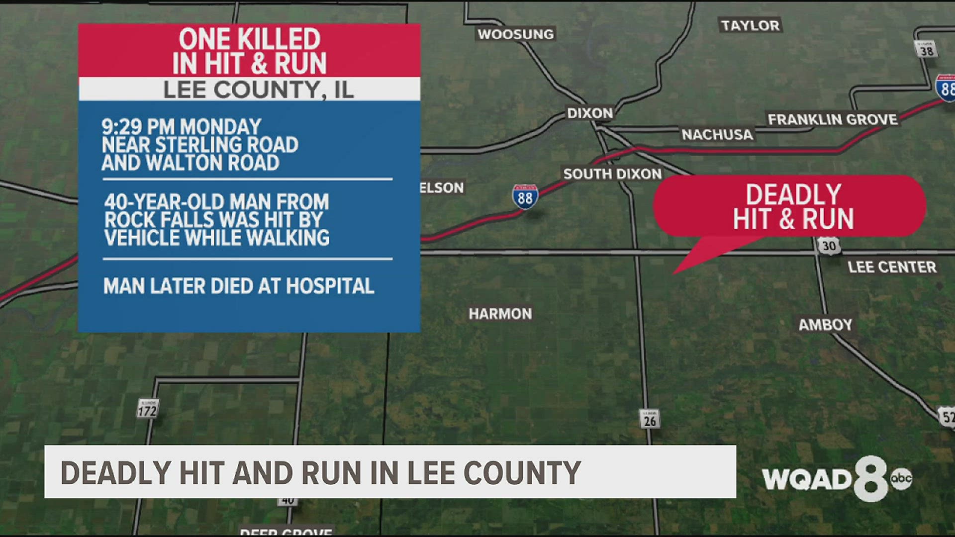 40-year-old Patrick J. Yocum of Rock Falls was struck by a vehicle close to 9:30 p.m. Monday. Police are still looking for who is responsible.