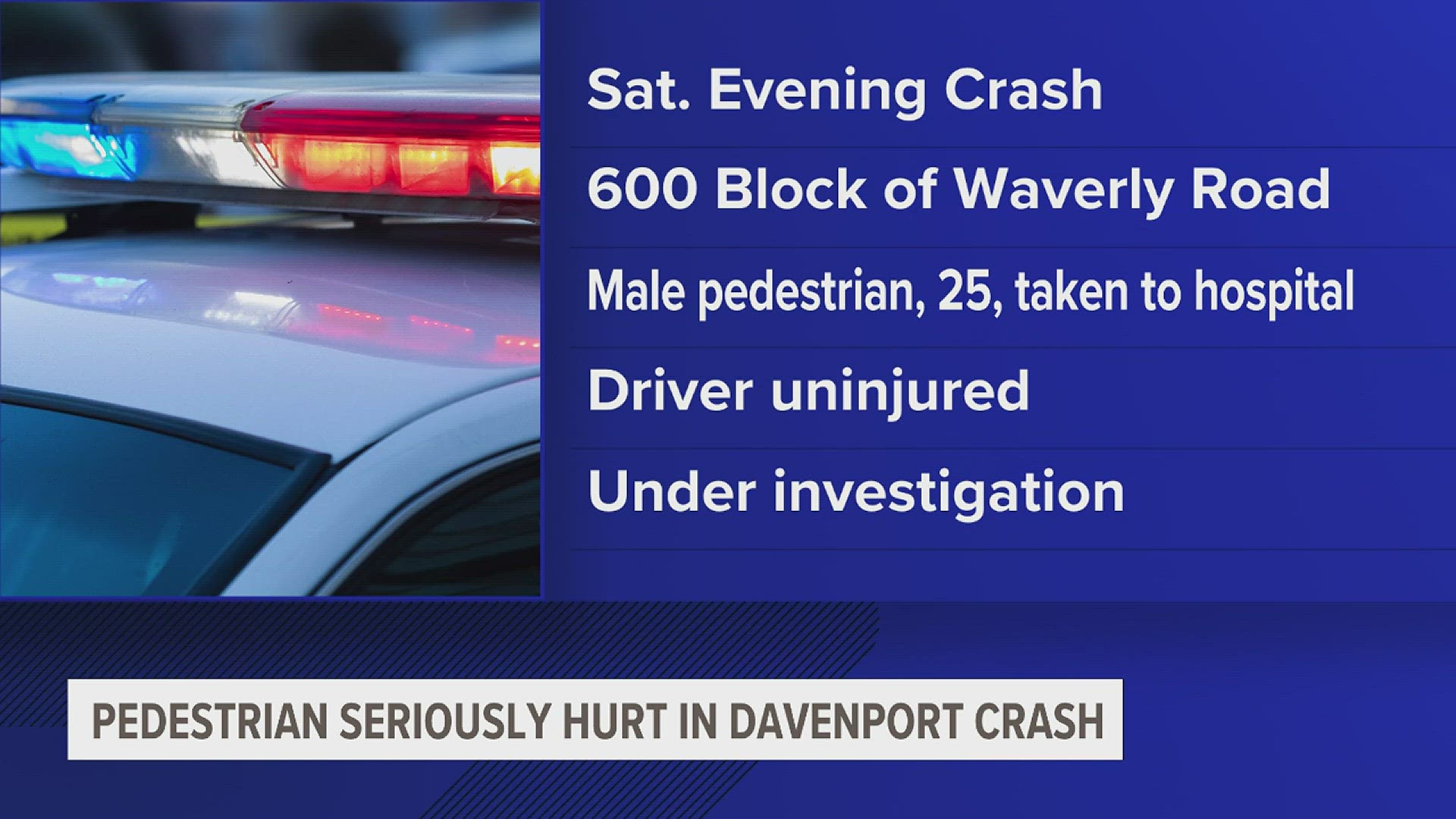 A 25-year-old man was struck by a vehicle as he walked on the shoulder of Waverly Road. He suffered life-threatening injuries in the crash.