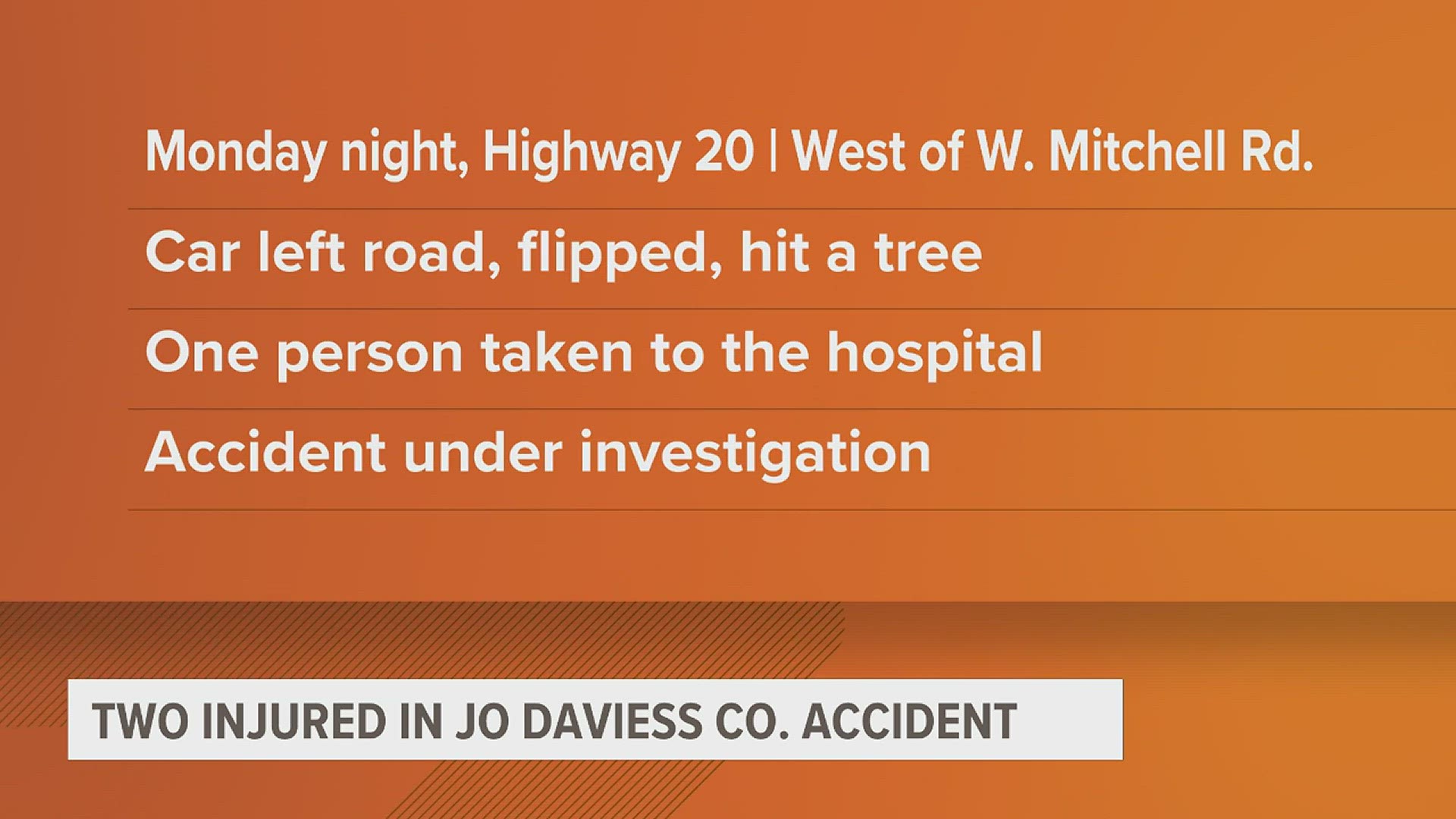 The crash occurred Monday night on Highway 20. A car veered off the road, rolled and hit a nearby tree. The driver was taken to a hospital for treatment.