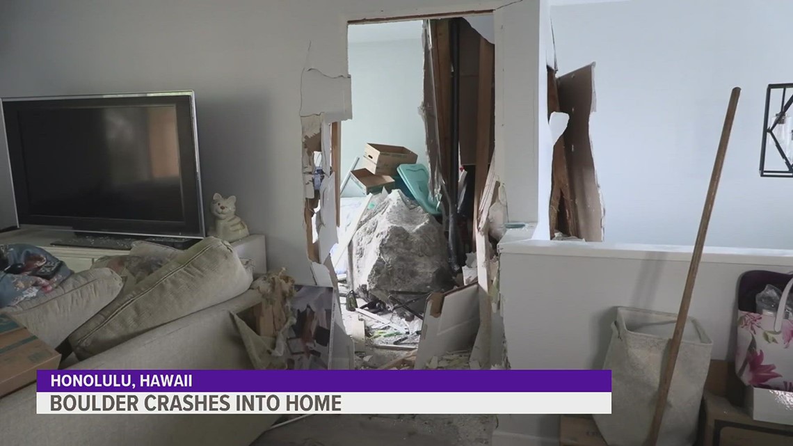 Boulder smashes through Hawaii family's living room and it was caught on camera