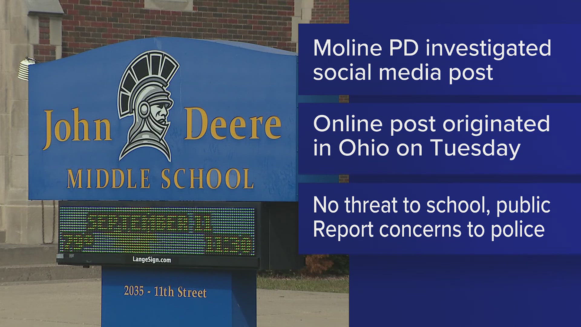 On Tuesday, John Deere Middle School families learned of a potential threat circulating online. That post was traced back to an Ohio school district, police say.