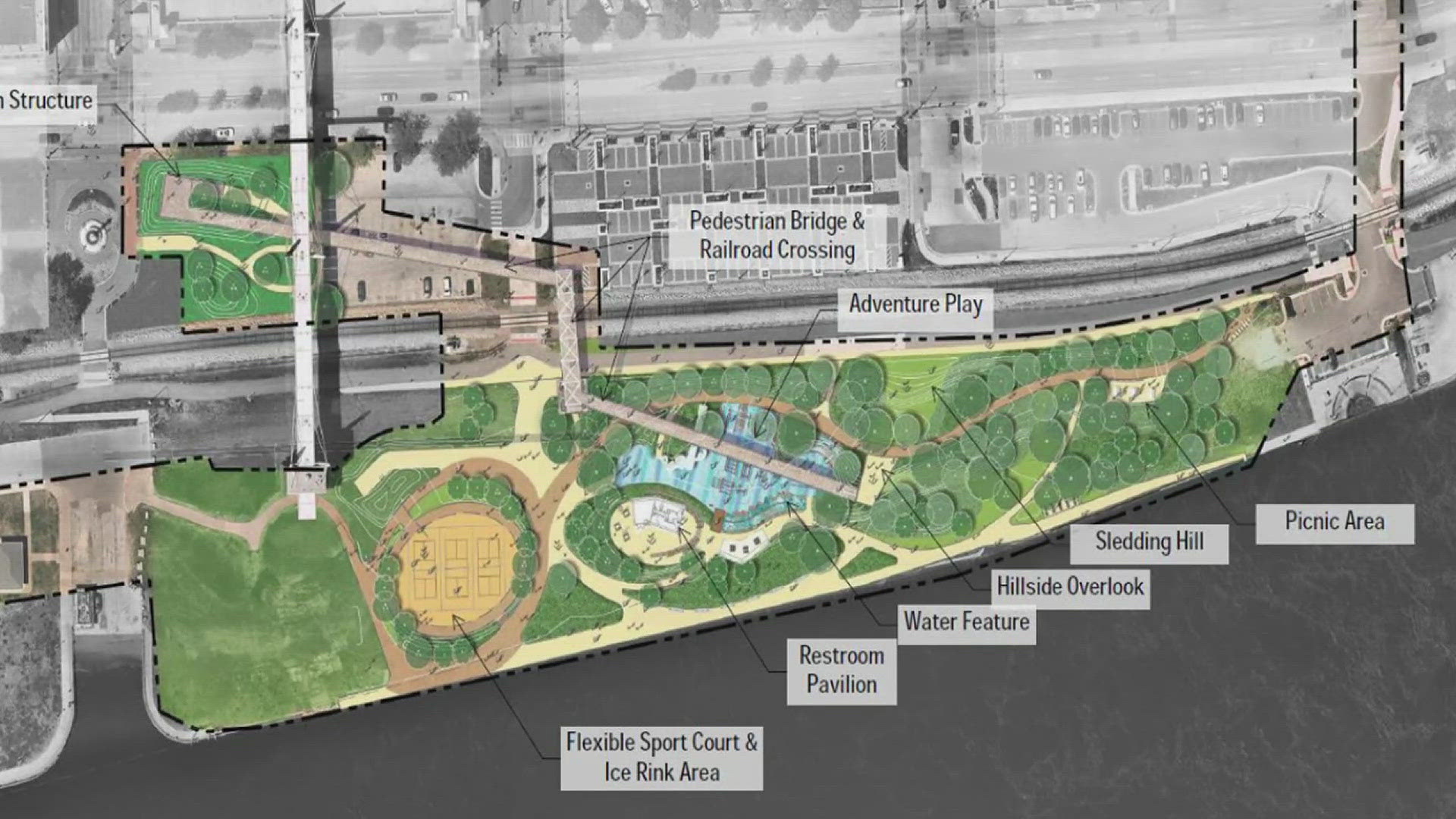 A plan approved by the Davenport City Council would add a multi-sport activity area and play structures to the lawn east of the Skybridge.