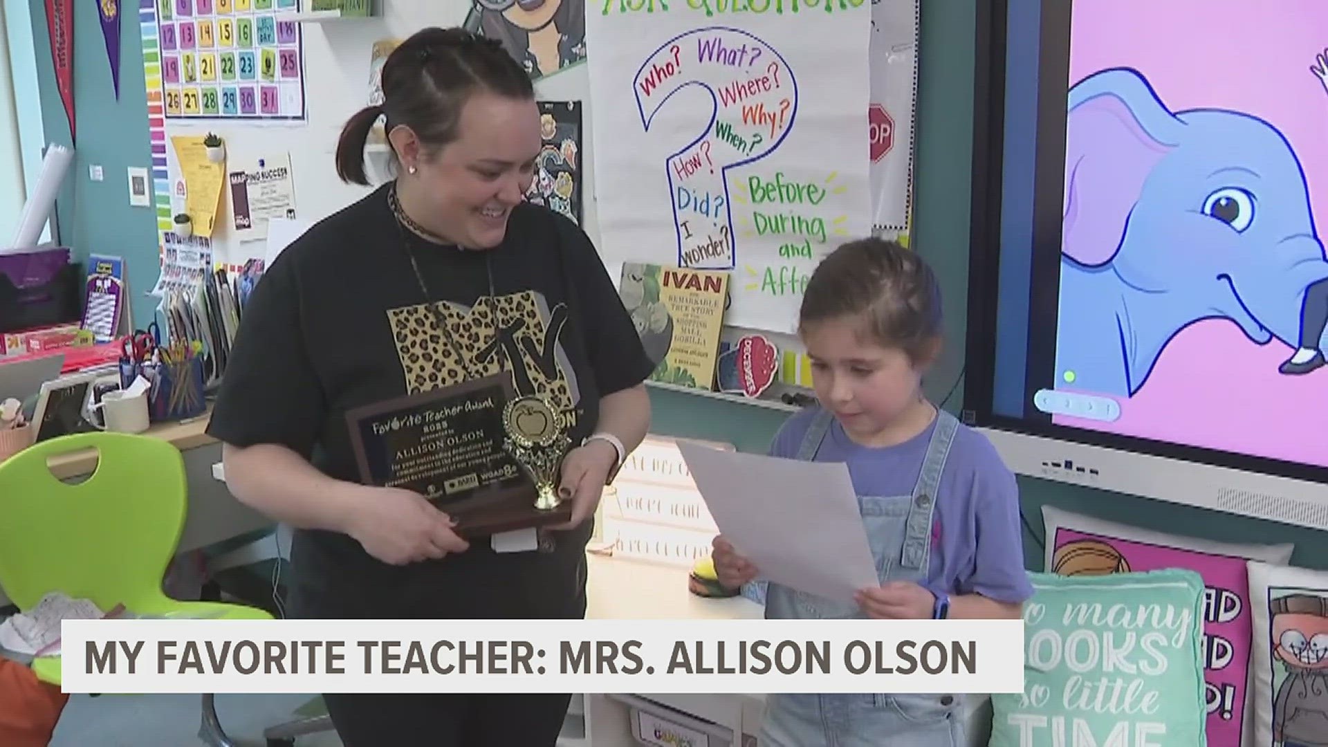 Mrs. Allison Olson of Hamilton Elementary School in Moline wins a 2023 My Favorite Teacher award after being nominated by a student who loves her fun classroom.