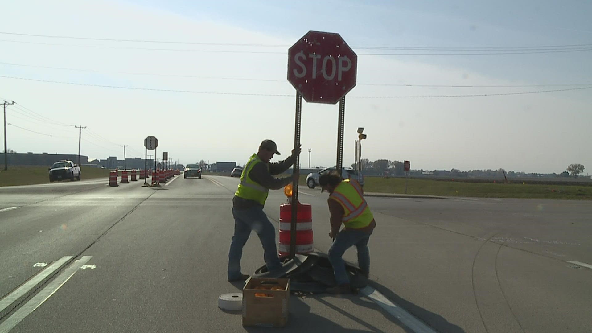 The intersection at Science Ridge Road and Illinois Route 40 is being turned into a temporary four-way stop ahead of being converted to a roundabout.