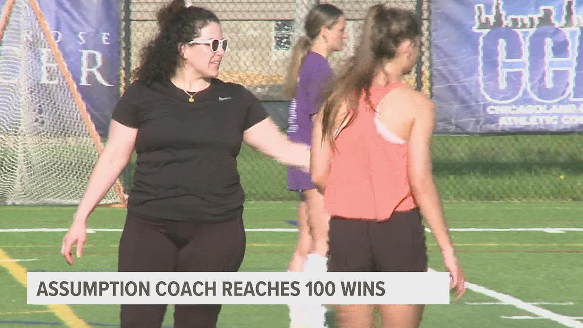 Elizabeth Maus has reached her 100th win as head coach of Assumption Girl's Soccer - a feat made more impressive by her 6-year tenure so far.