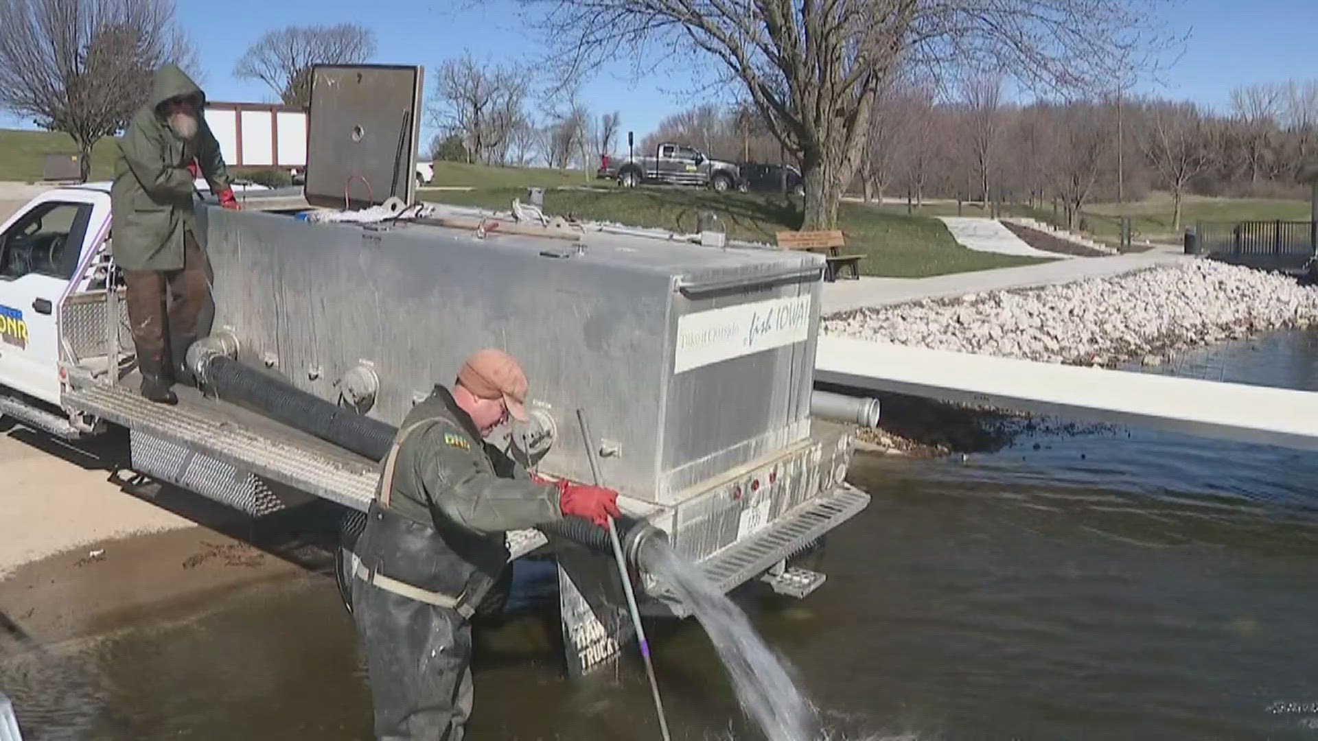 The Iowa DNR stocked Lake of the Hills at West Lake Park on Wednesday morning with 1,800 rainbow trout on Wednesday morning.