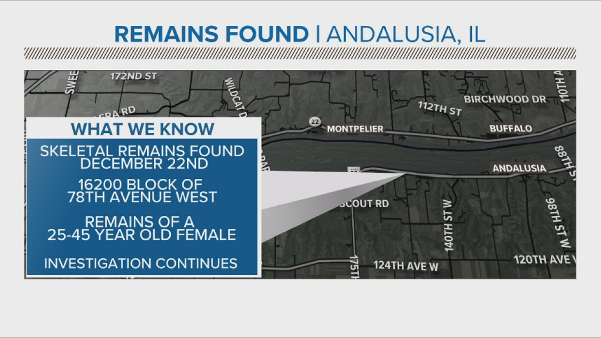The human remains were located along the shore of the Mississippi River, west of Andalusia in the 16200 block of 78th Ave. West in December 2021.
