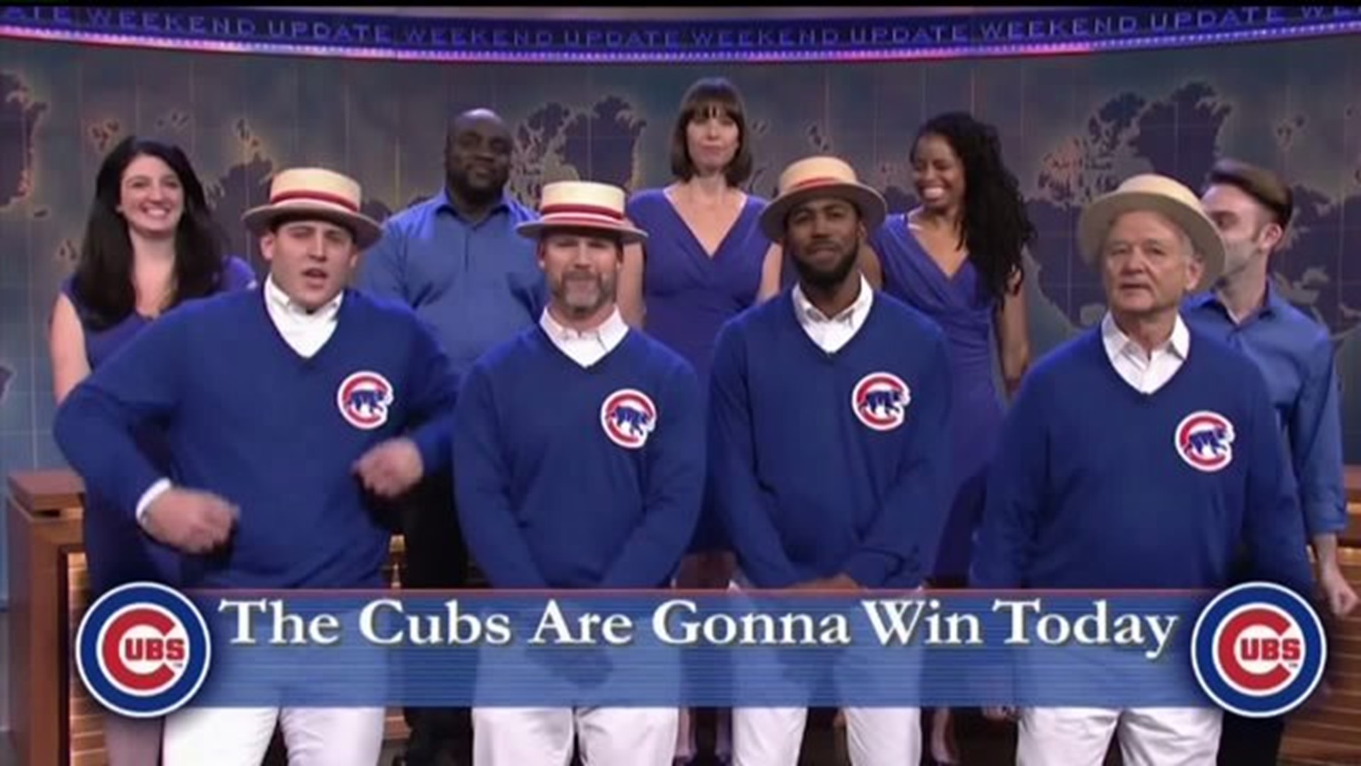 Cubs players sing "go cubs go" on SNL