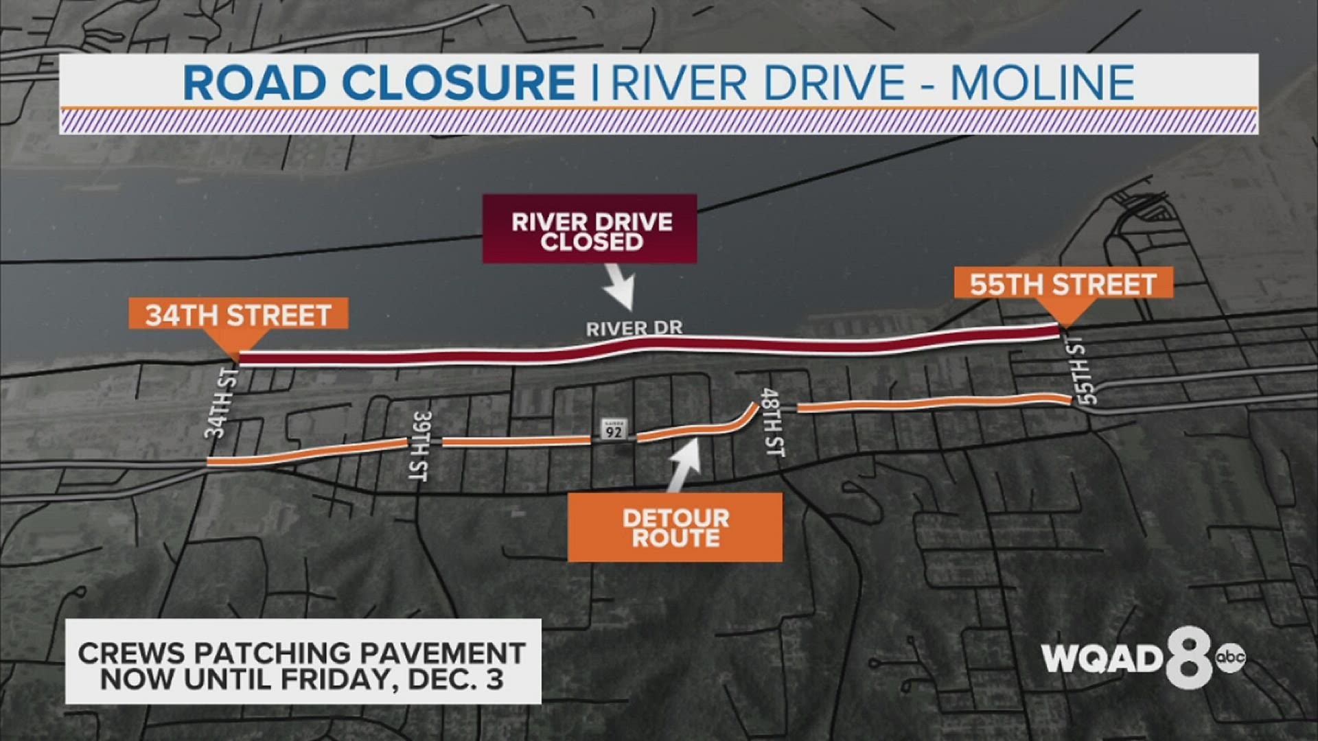 River Drive between 34th and 55th streets will be closed until Friday, Dec. 3.