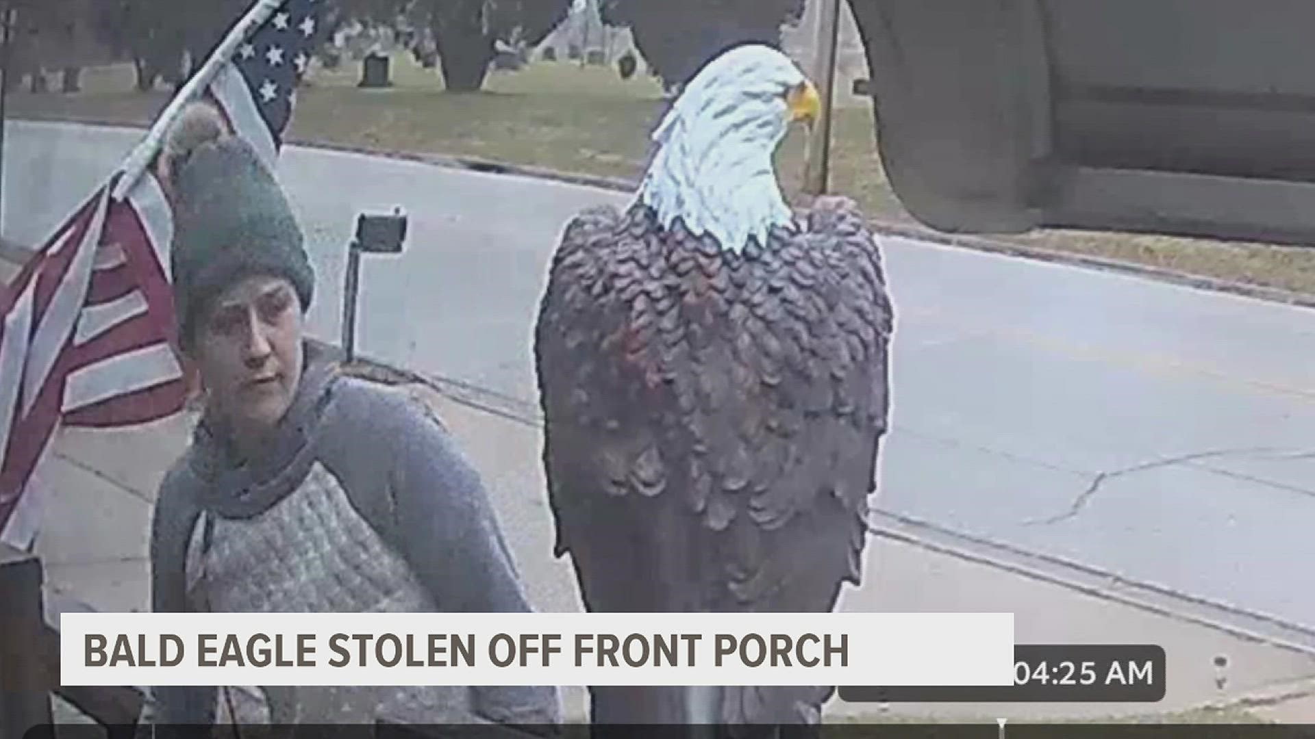 The pair were recorded using a drill to steal a bald eagle statue off of a Rock Island porch. They were also seen with a blue Dodge Caravan with no front plate.