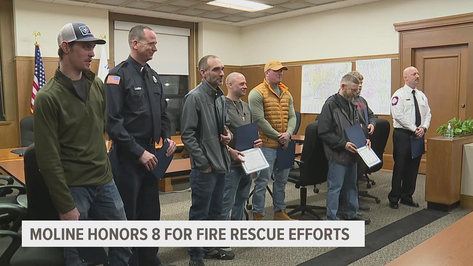 The eight individuals all received life saving awards, for springing into action, saving several lives in a January, 25 fire.