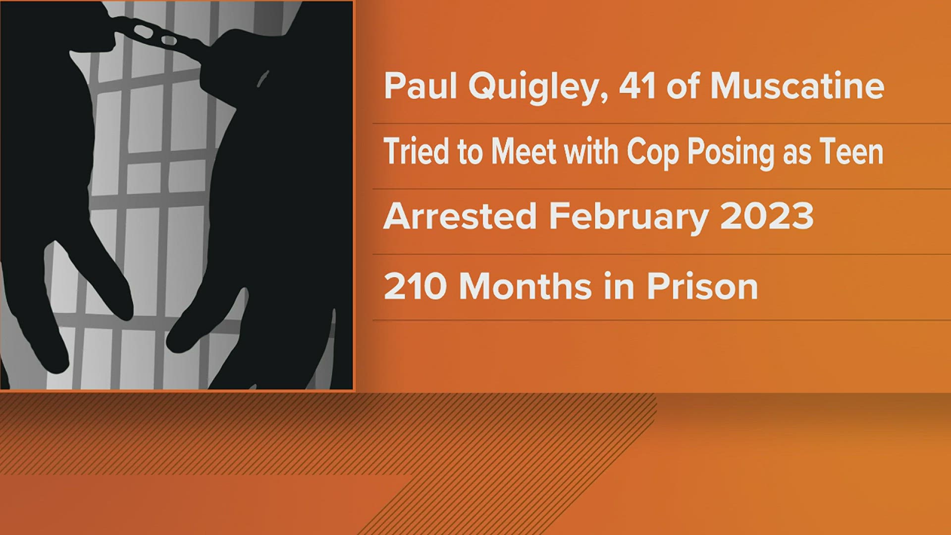 41-year-old Paul Kyle Quigley of Muscatine has been sentenced to 17.5 years in prison after court documents say he arranged to meet with a teenage girl for sex.