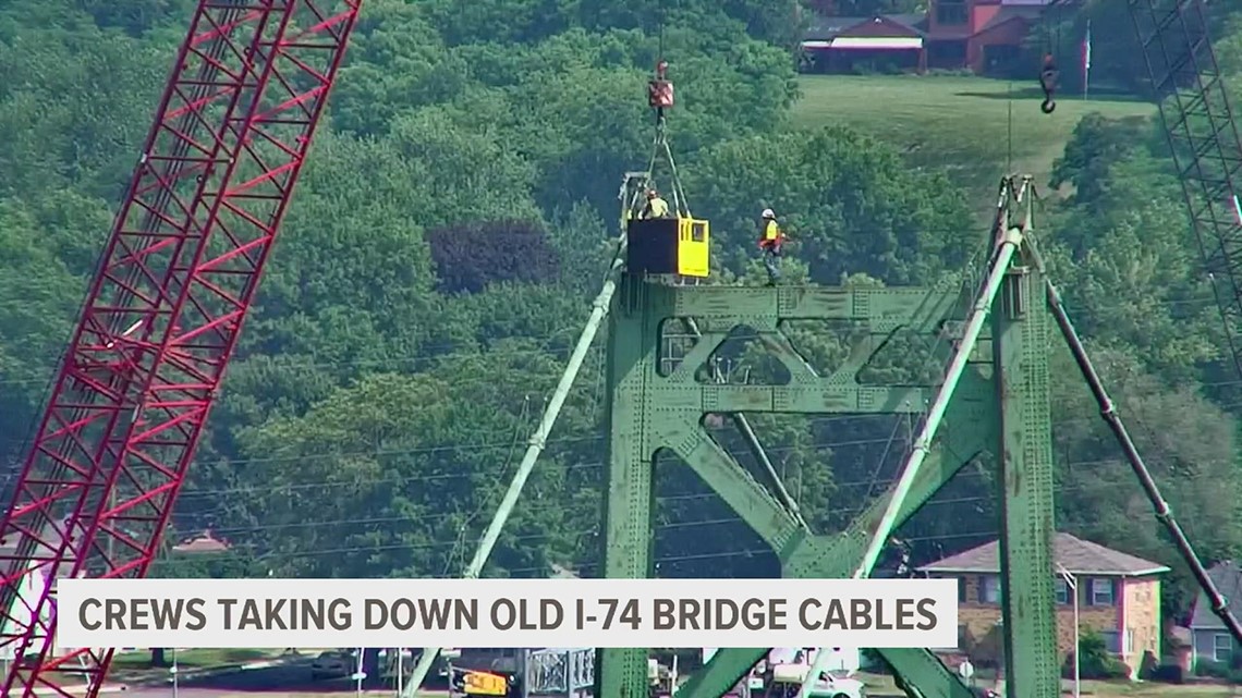Crews take down vertical support cables from old I-74 Bridge