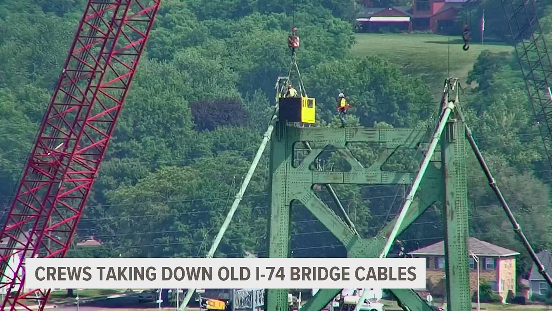 Crews took down the vertical support cables on the Illinois-bound side of the old I-74 Bridge on Thursday, June 1.