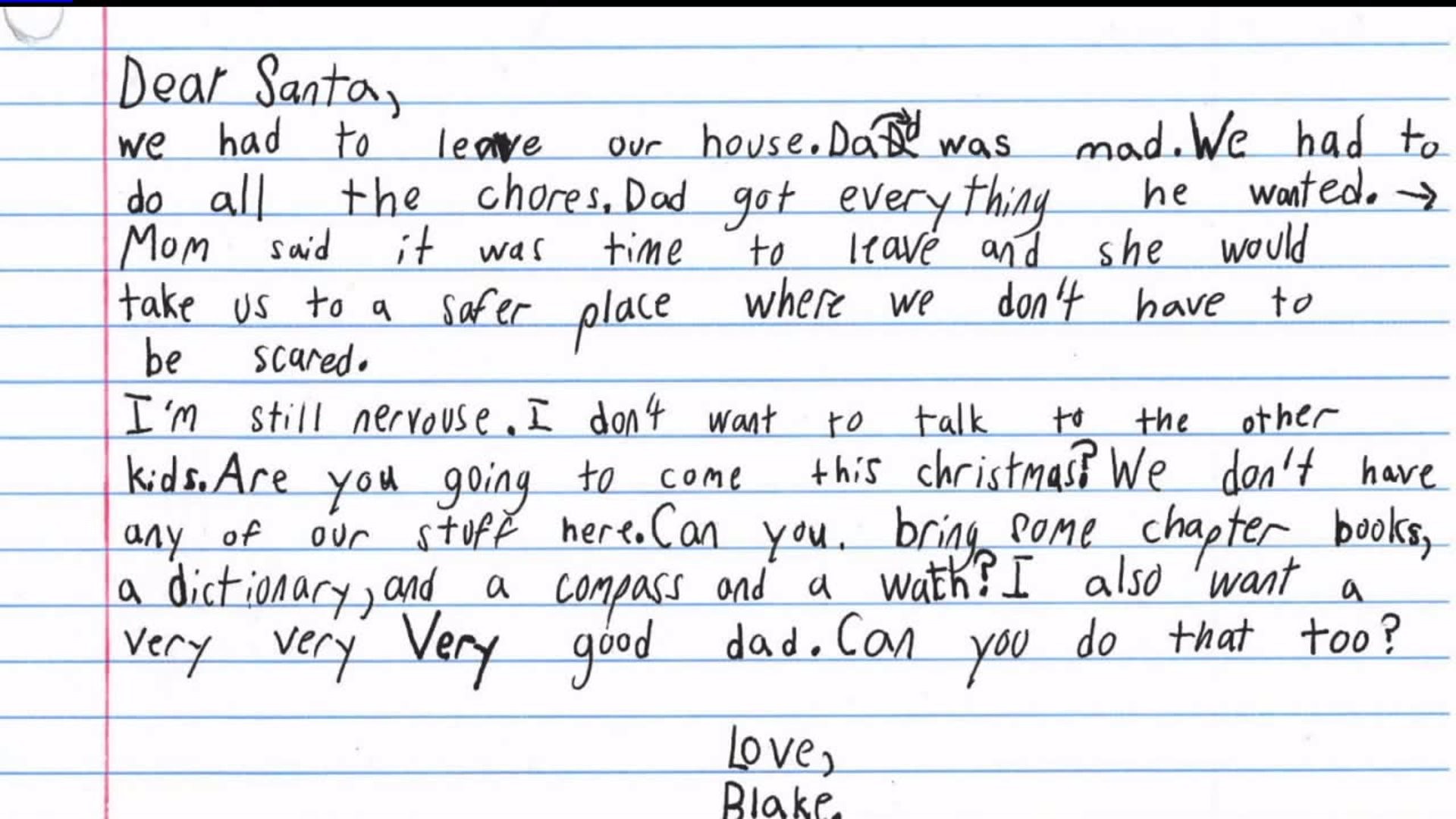 Domestic violence shelter shares 7-year-old`s heartbreaking letter to Santa