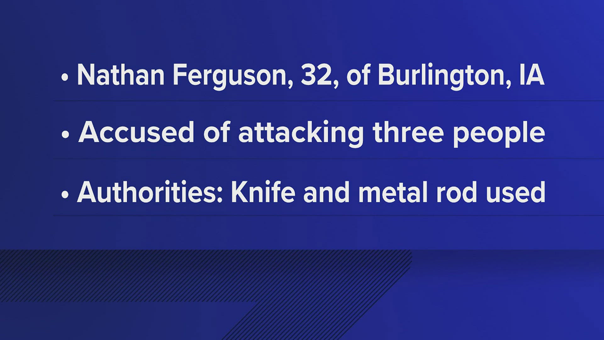 According to the Louisa County Sheriff's Office, 32-year-old Nathan Ferguson's attacked three family members with a pipe and knife.