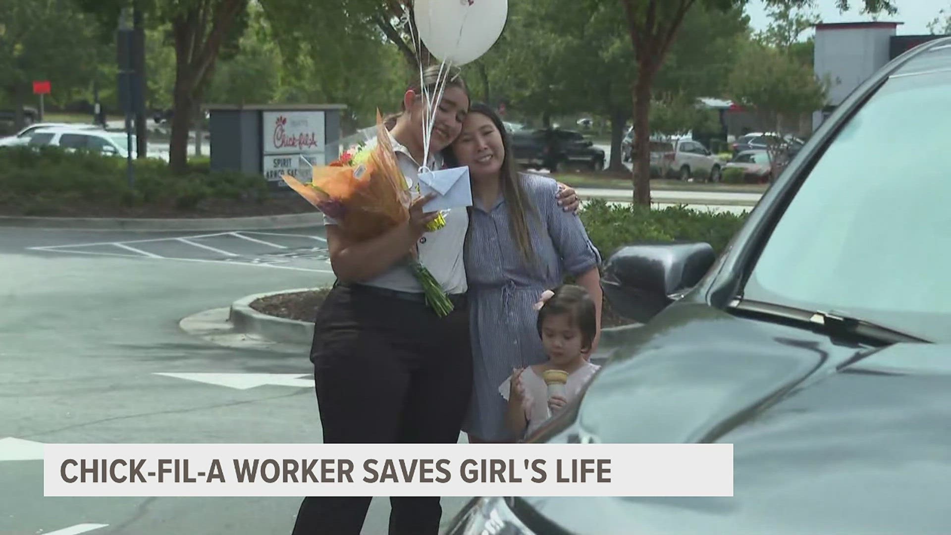 At an Atlanta Chick-fil-A one drive-thru employee jumped into action when a girl started choking. The family meets back up with that heroic employee to thank her.