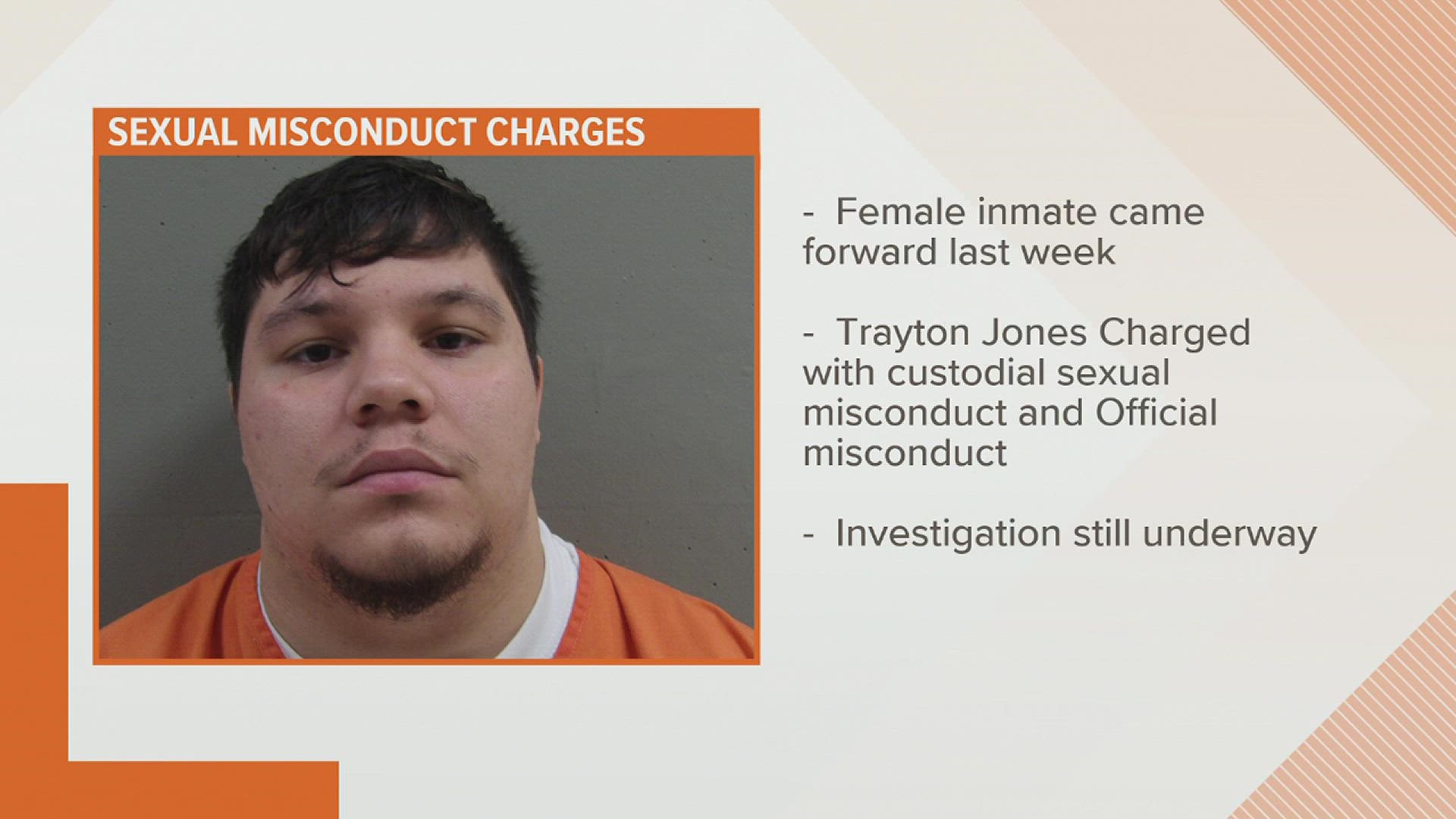 A news release from the Illinois sheriff's department says Trayton Jones, 21, has been terminated from his position following an allegation from a female inmate.