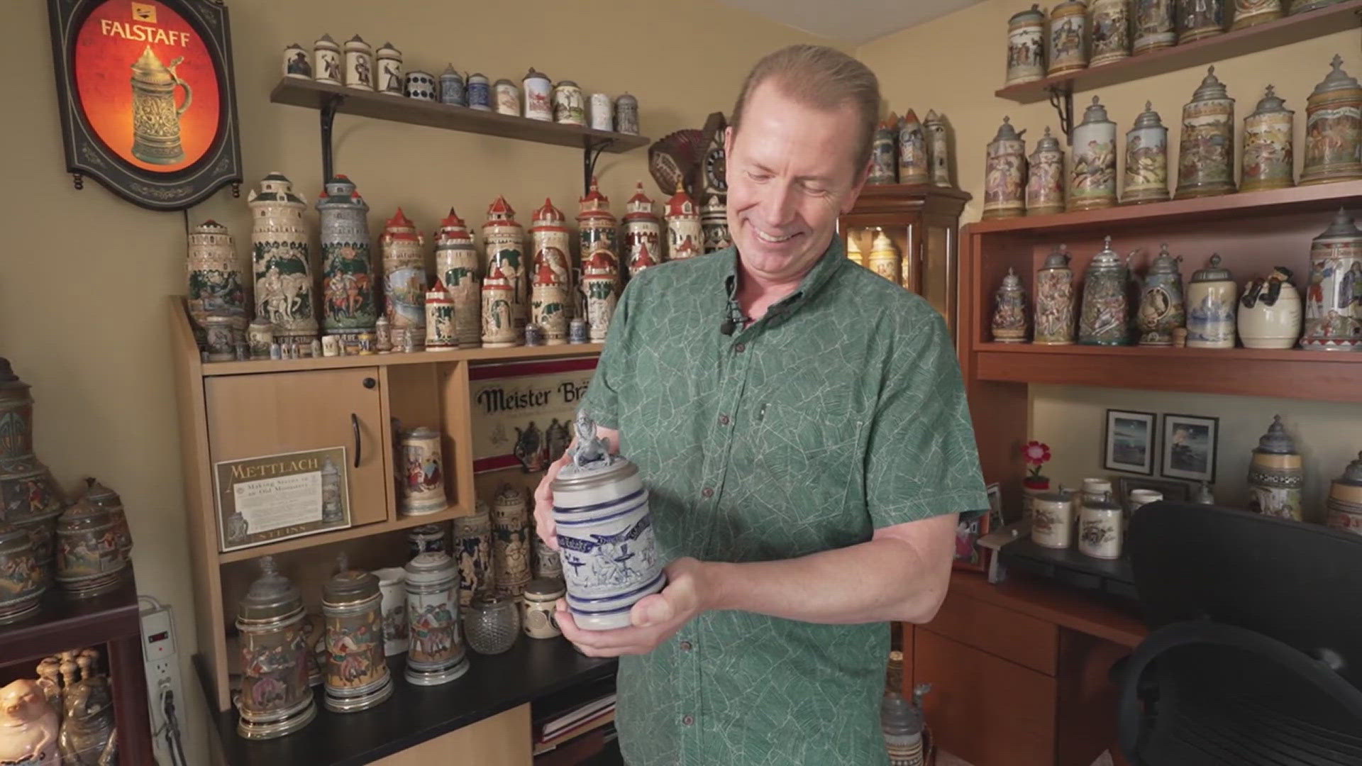 Alain Steenbeeke has been collecting beer steins since 1982, amassing over 600 unique pieces.