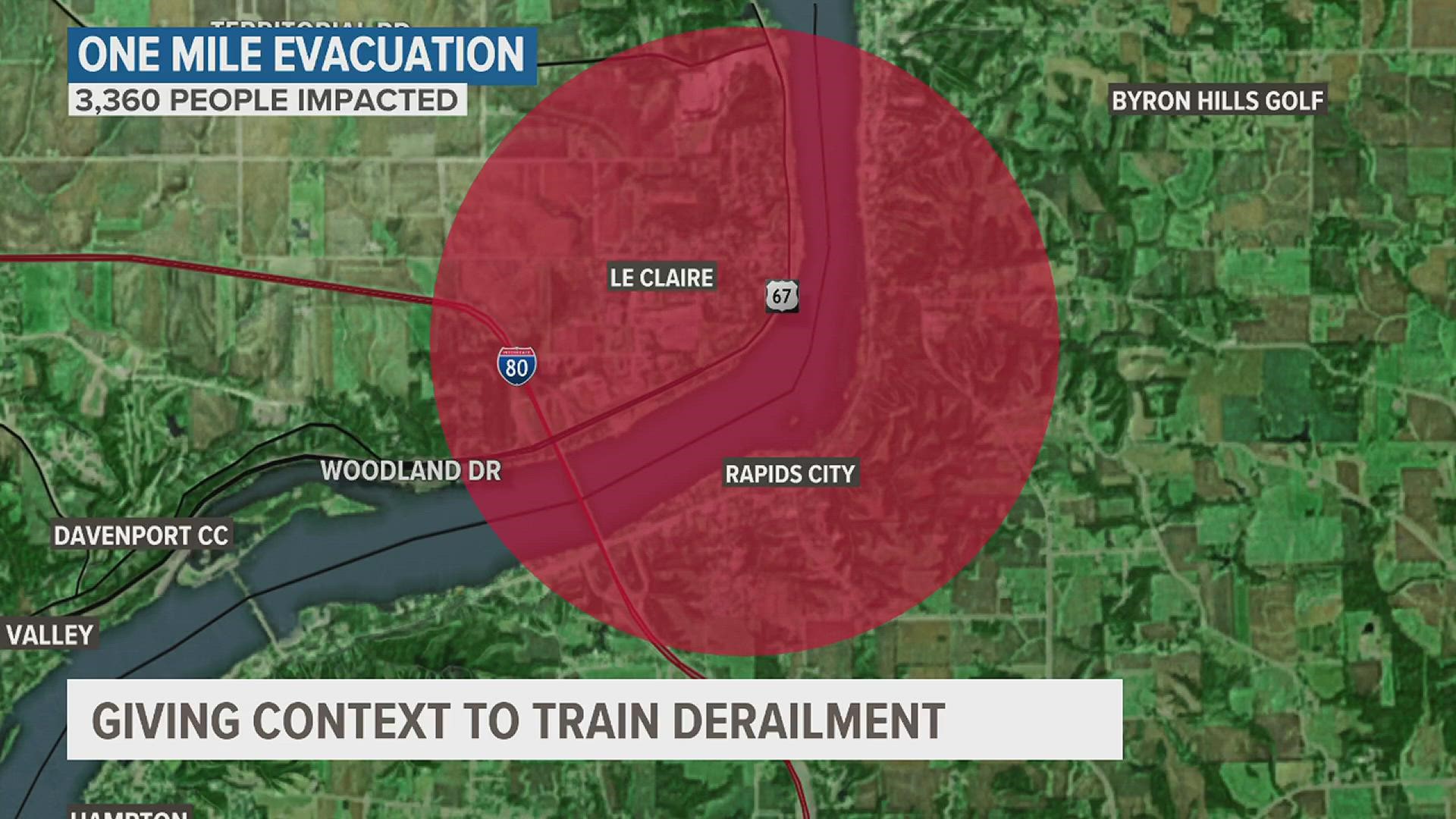 If a train derailed in Le Claire similar to Ohio incident, the evacuation radius would force over 3,000 people from their homes from both sides of the river.