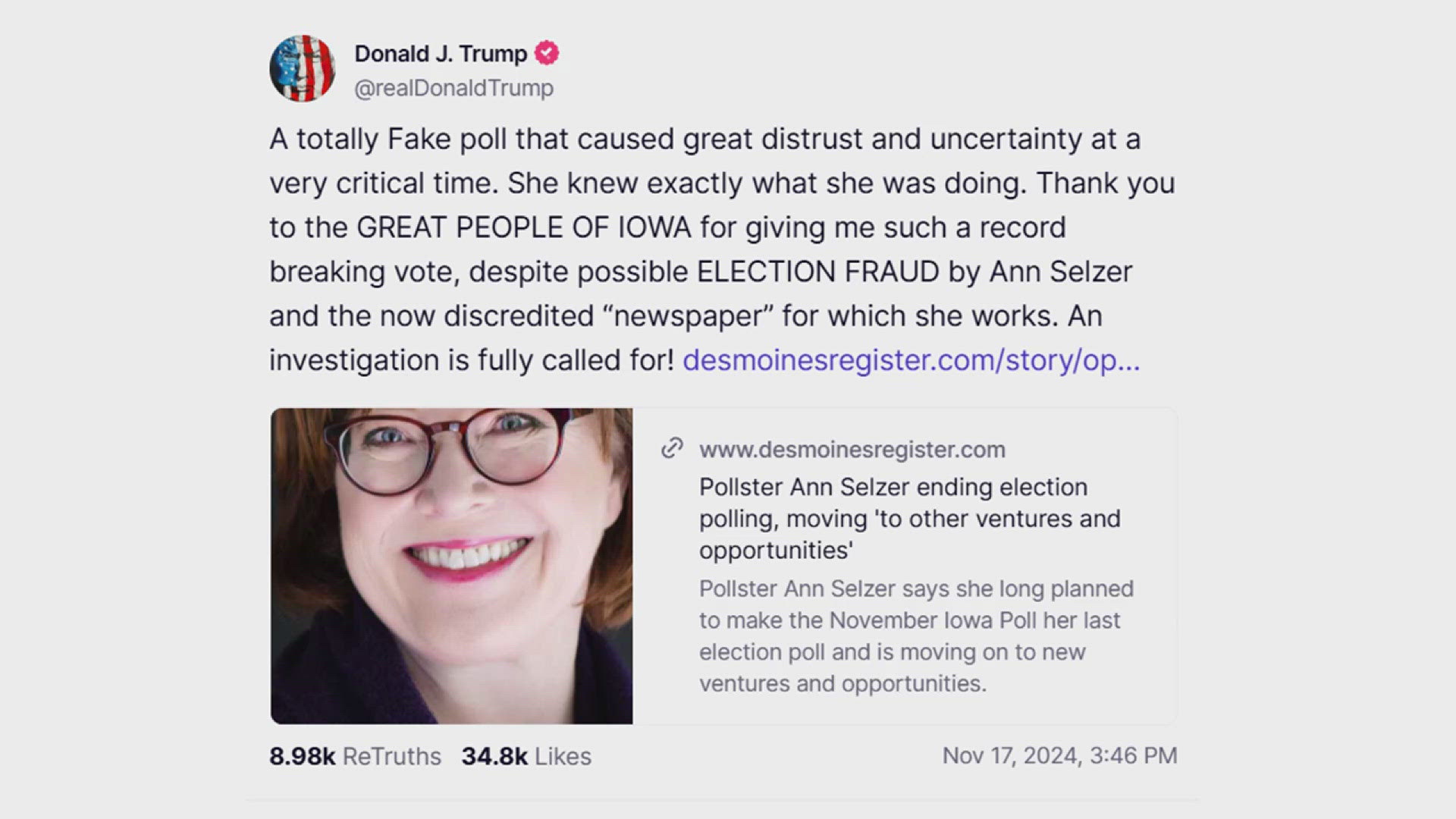 J. Ann Selzer conducted the poll and said she would be ending her election polling career when her contract with the Des Moines Register expires.