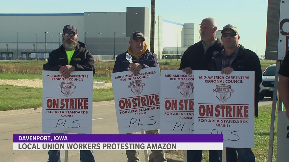 Millwrights Local 2158 begin protest after Amazon brings in out-of-state workers to complete Davenport distribution center