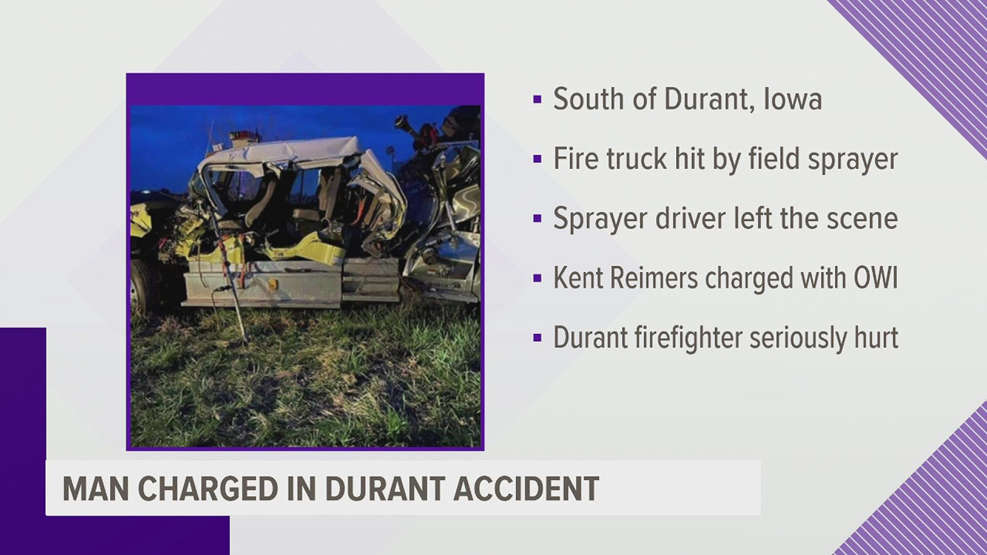A commercial farm sprayer caused a collision that hurt several firefighters, including one hospitalized with severe injuries.