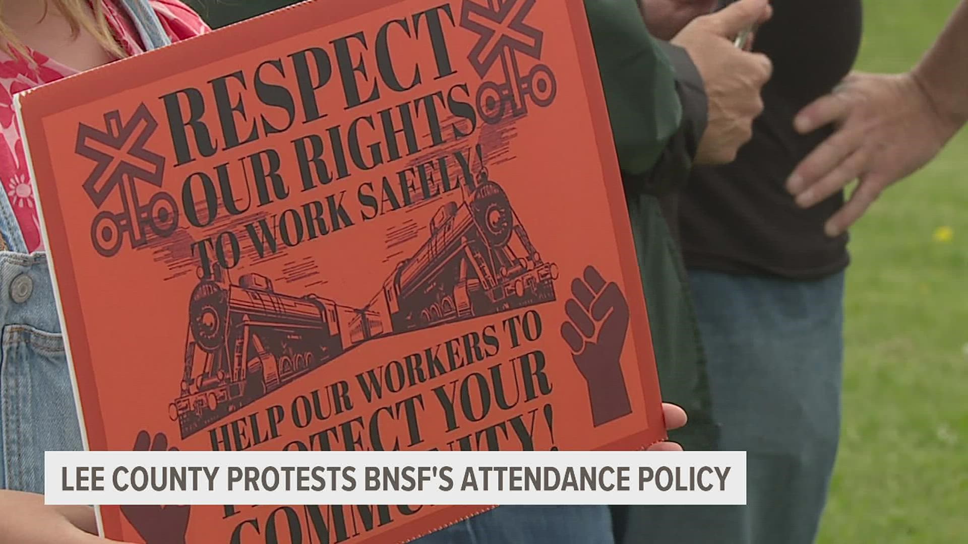 A group rallied in Fort Madison to protest a controversial attendance policy at BNSF that workers say makes it harder to have days off.