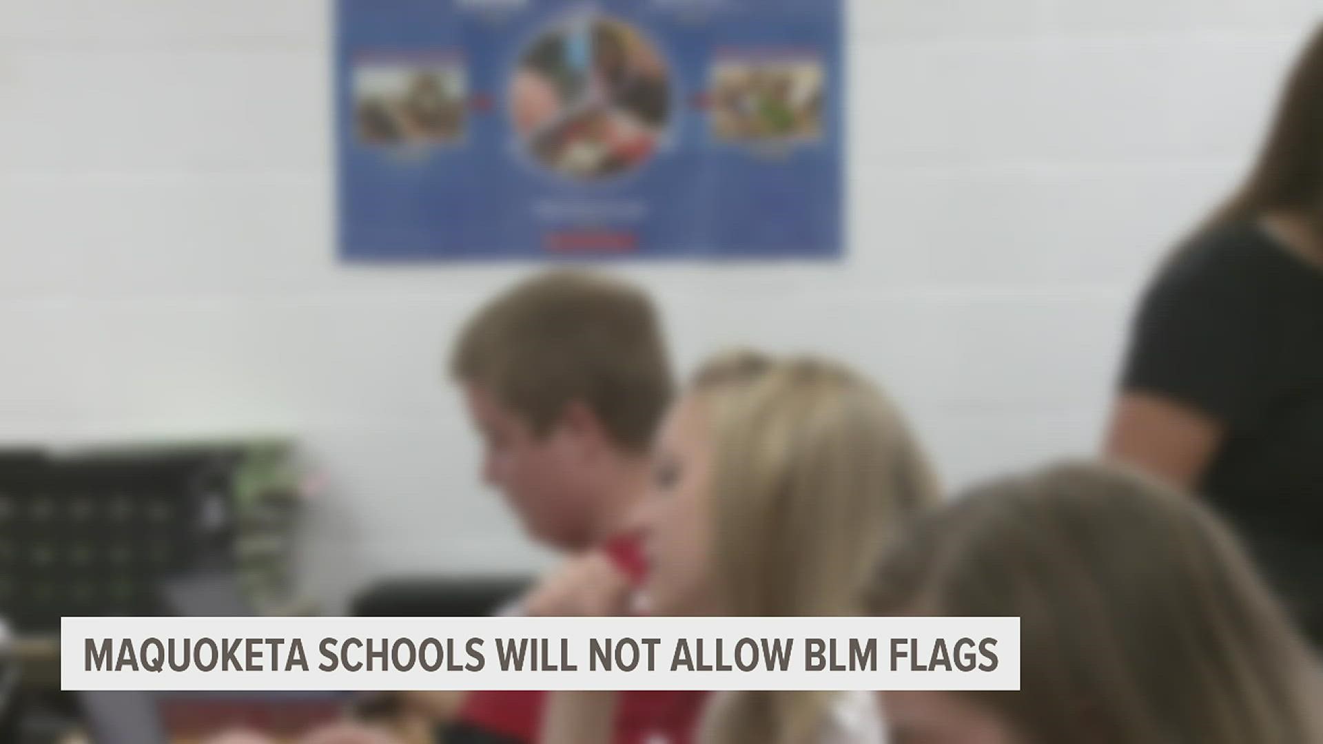 The Maquoketa School District elected to remove a Black Lives Matter flag from a MHS classroom on ground of representing political expression, despite a LGBTQ+ flag