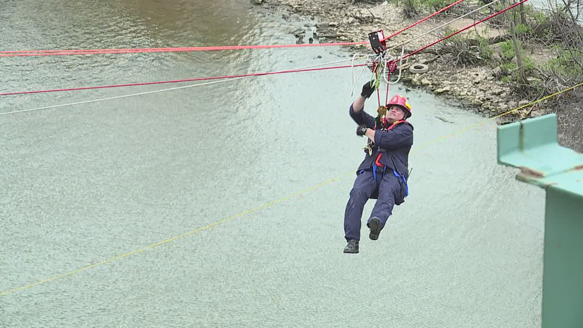 MABAS 43 Training allows local firemen to learn how to rappel down and back up for rescue missions