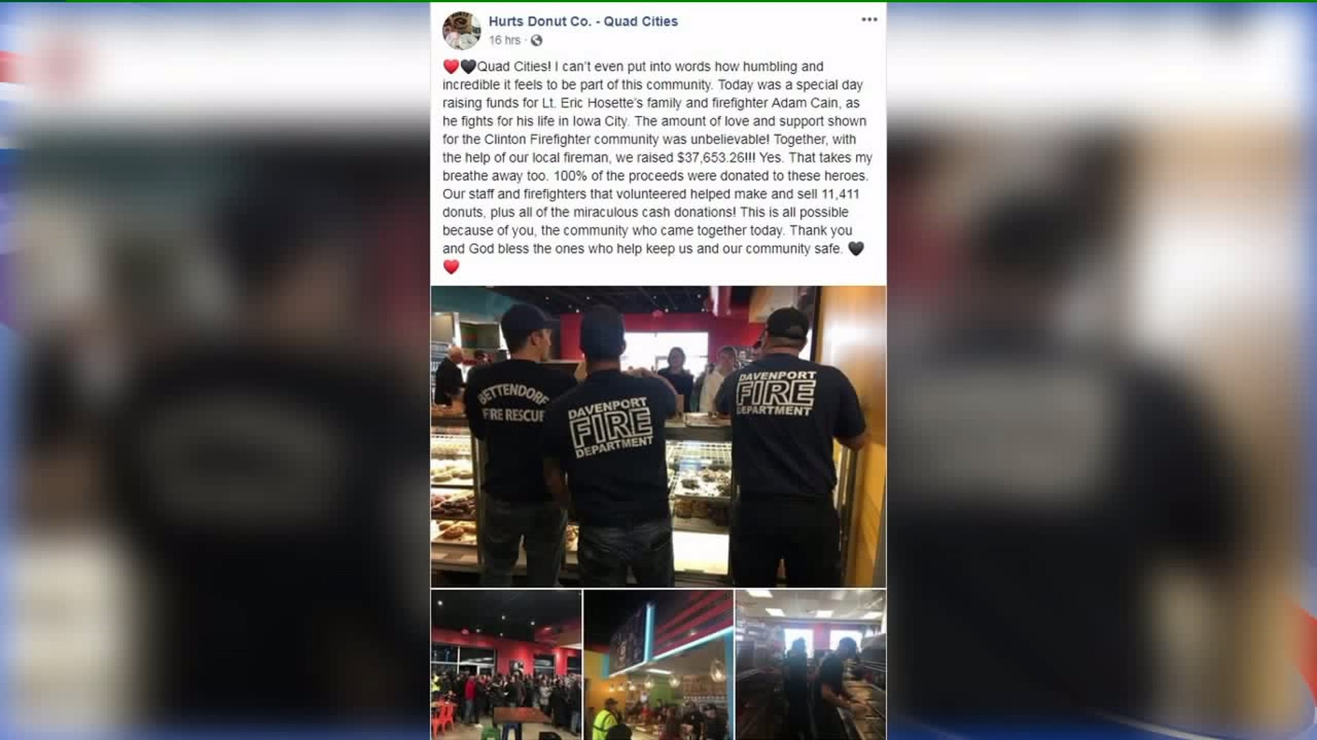 Hurts Donuts Company helps raise more than $37,000 for families of Clinton firefighters