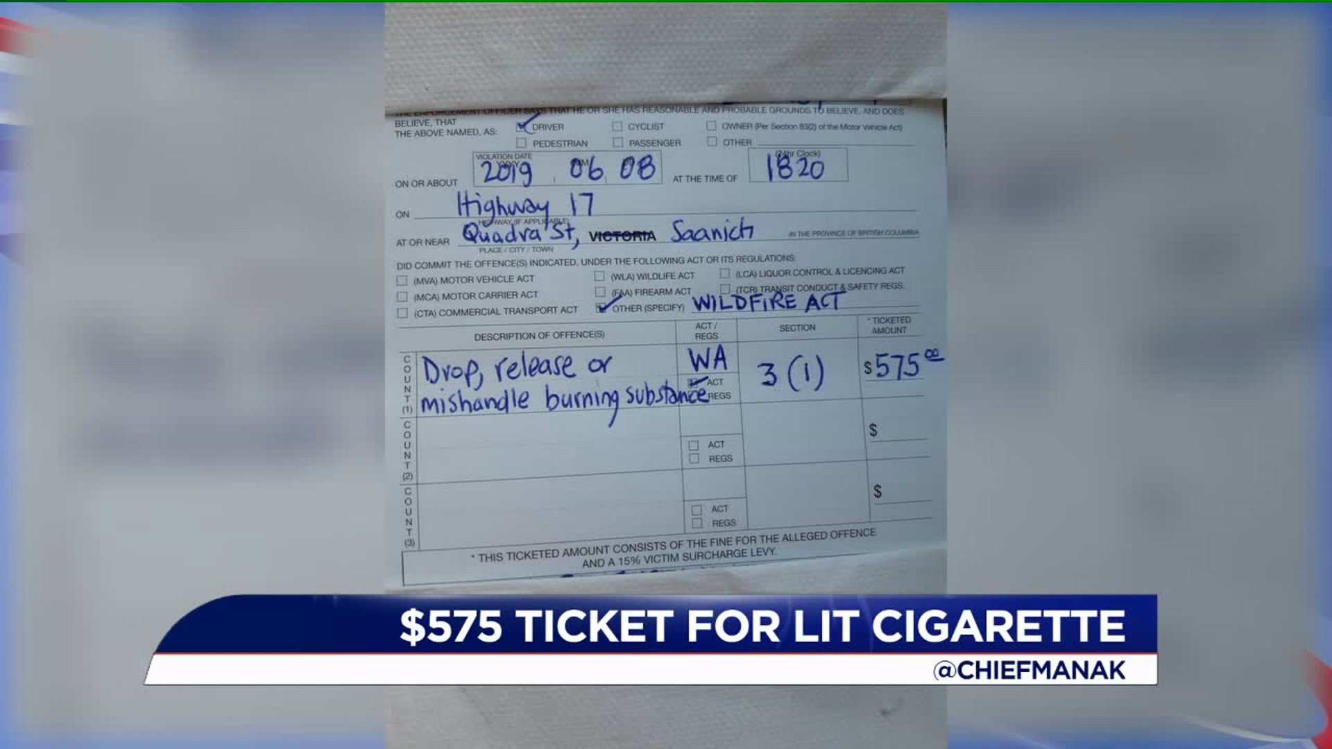 Police chief gives $575 ticket to driver for throwing lit cigarette out car window