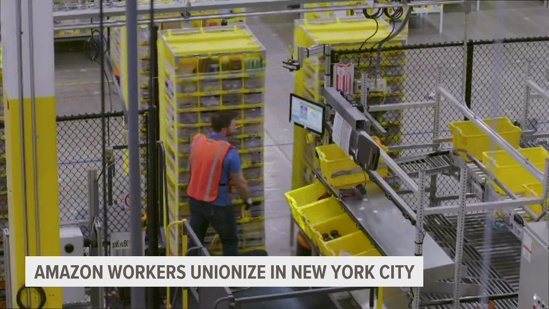 Amazon workers in New York voted to unionize Friday, marking the first successful U.S. organizing effort in the retail giant’s history.