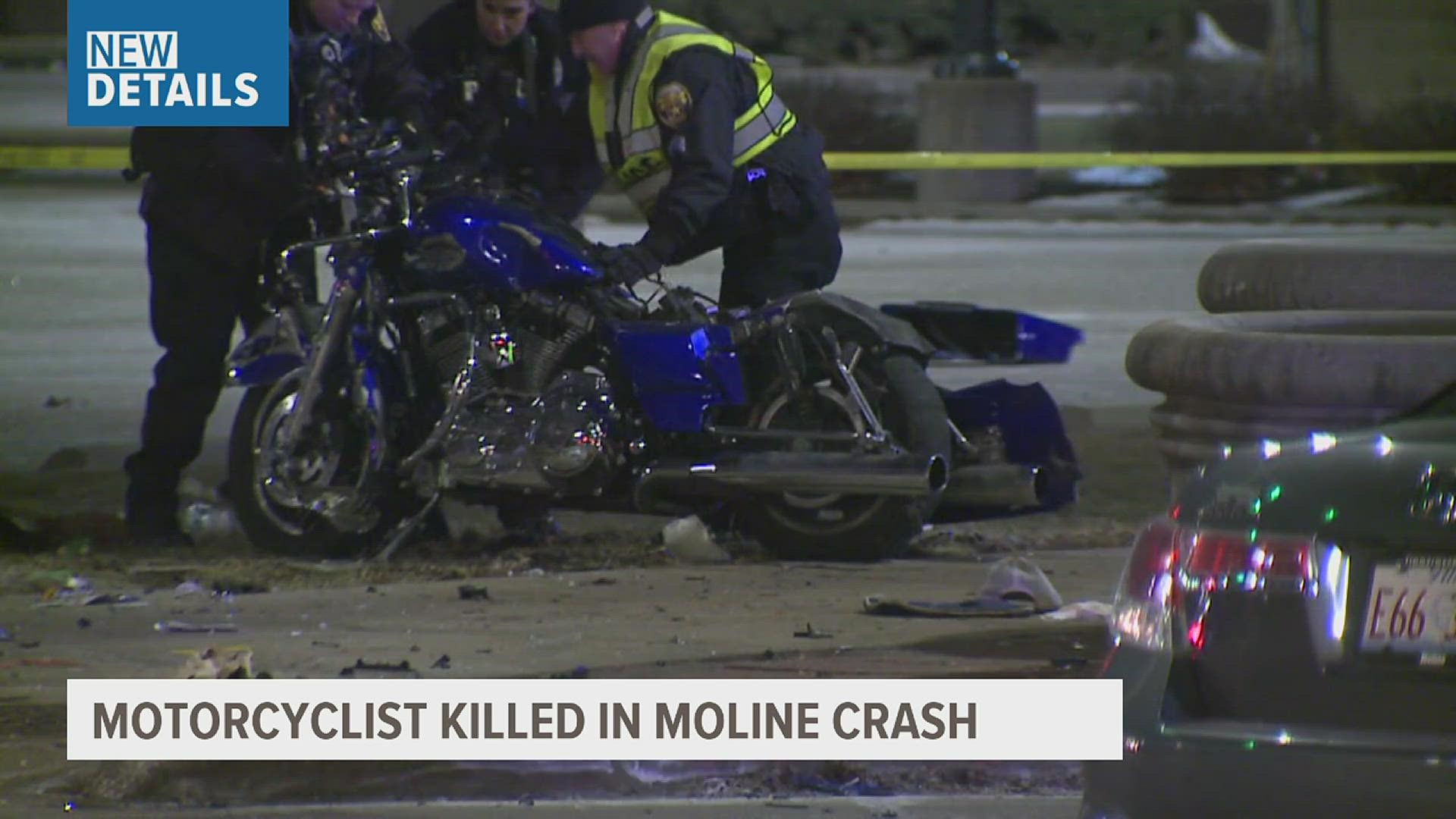 Police say the motorcyclist died in the hospital after crashing into a turning car in the middle of the 17th Street and River Drive intersection in Moline.