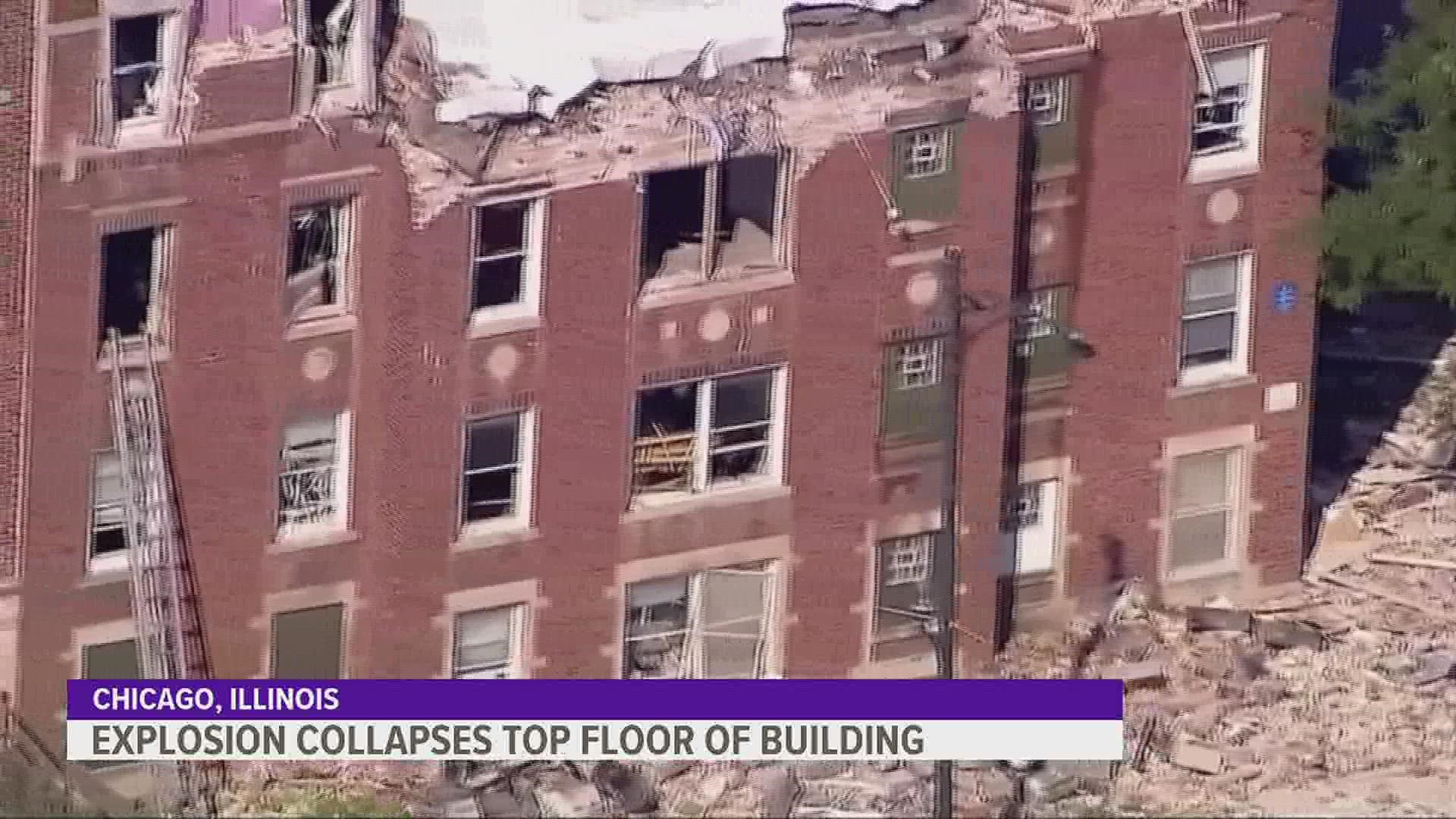 Photos show most of the top floor was destroyed, with rubble falling to the street and crushing a car.
