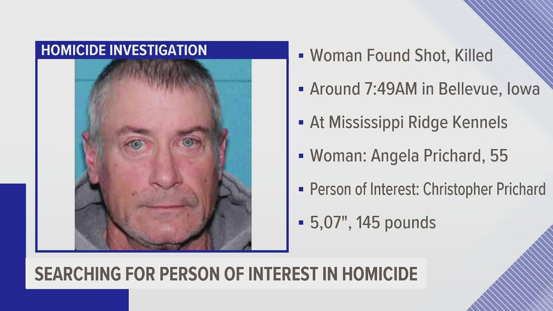 Jackson County and Iowa State officials are searching for Christopher Prichard in connection to the murder of 55-year-old Angela Prichard.