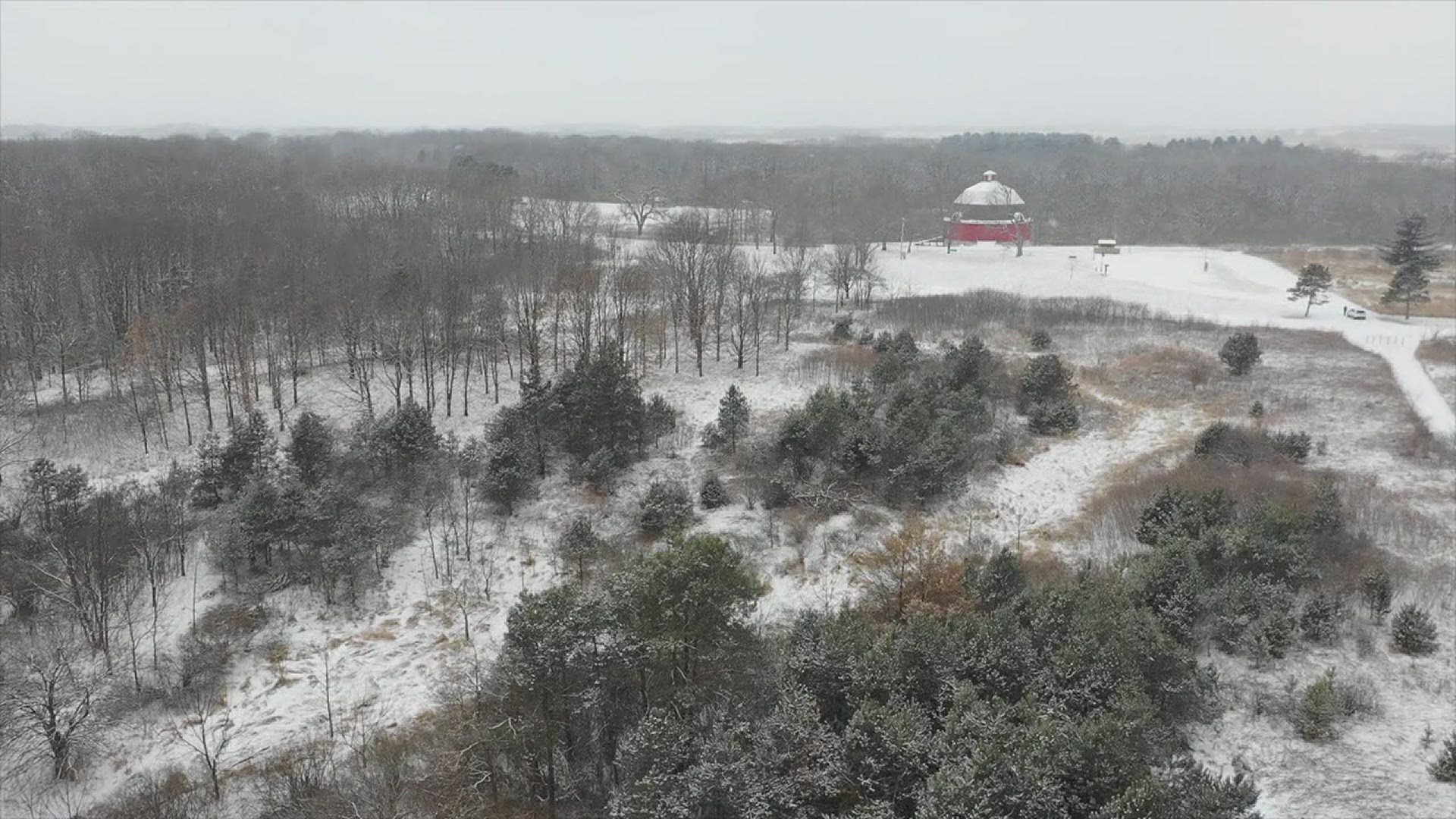 See the snow melt away as we compare drone shots featuring Ryan's Round Barn in Johnson Sauk Trail State Park near Kewanee, Illinois.