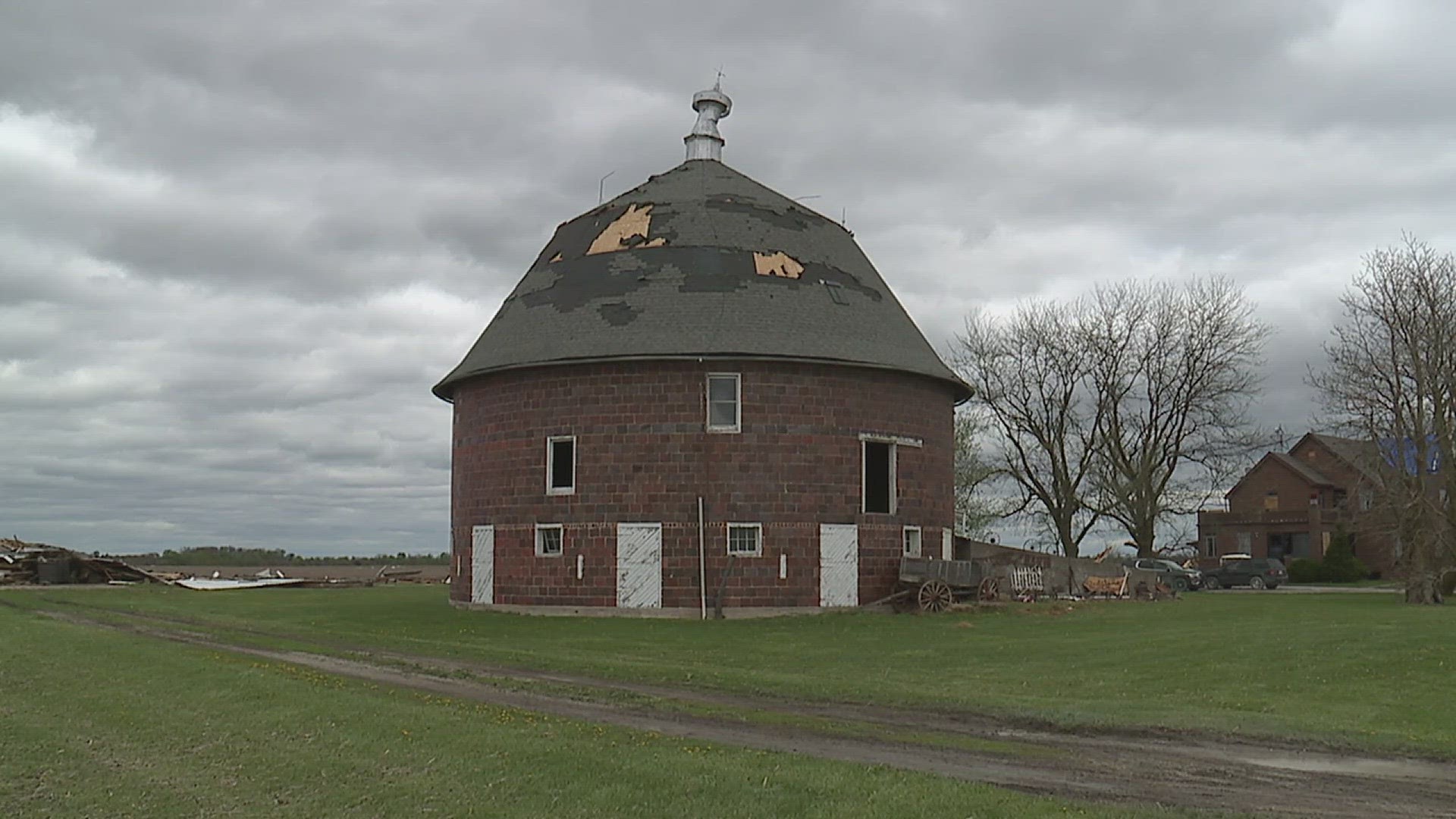 The Holtkamp Round Barn had its steeple cracked, and shingles were also torn off.